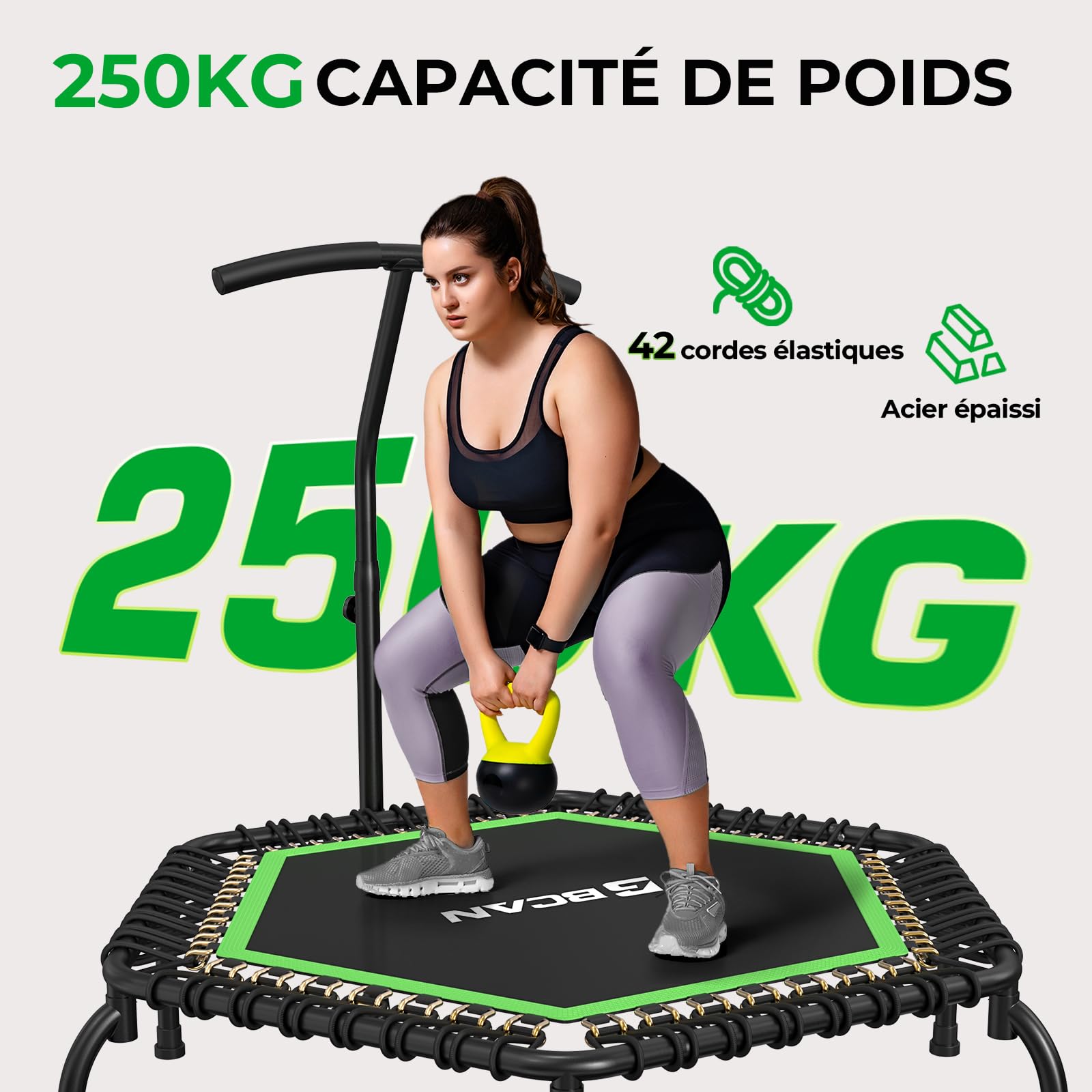 Trampoline d'intérieur BCAN Fitness, diamètre Ø 102/122/130 cm, Mini Trampoline à élastiques/Ressorts, Convient aux Adultes jusqu'à 204/250 kg, avec poignées réglables, Silencieux.