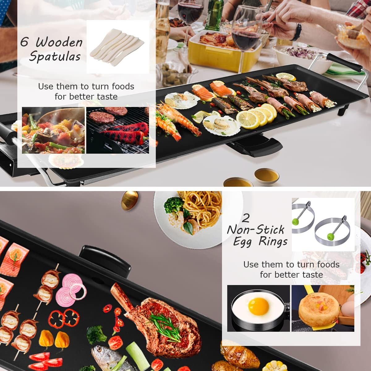 KOMFOTTEU Piastra Teppanyaki 1800W, Griglia Barbecue Elettrica, Rivestimento Antiaderente, Teppanyaki Grill da Tavolo per 8 Persone con 6 Spatole e 2 Anelli, Temperatura Regolabile, 90 x 23 cm, Nero