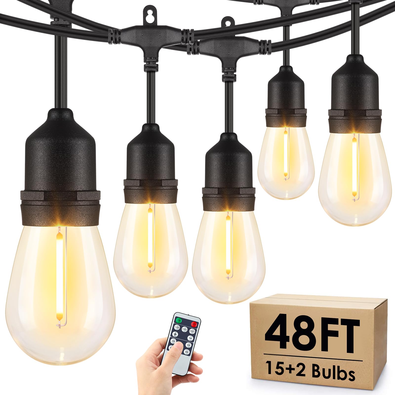 48FT Outdoor String Lights with Remote, Dimmable Patio Lights with 15+2 LED Waterproof Shatterproof Bulbs 3 Modes 4 Timers for Backyard, Black