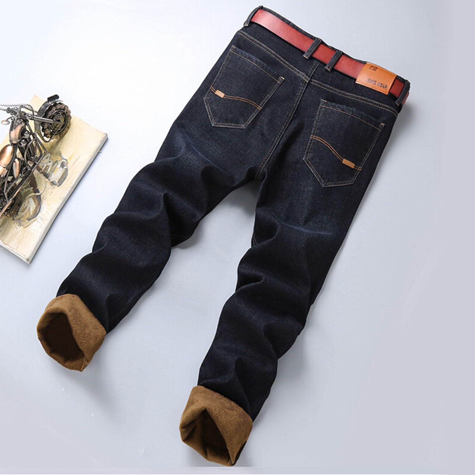 Generisch Pantaloni termici da uomo, pantaloni da neve, in pile Teddy, con imbottitura calda, gamba dritta, pile felpato, jeans termici