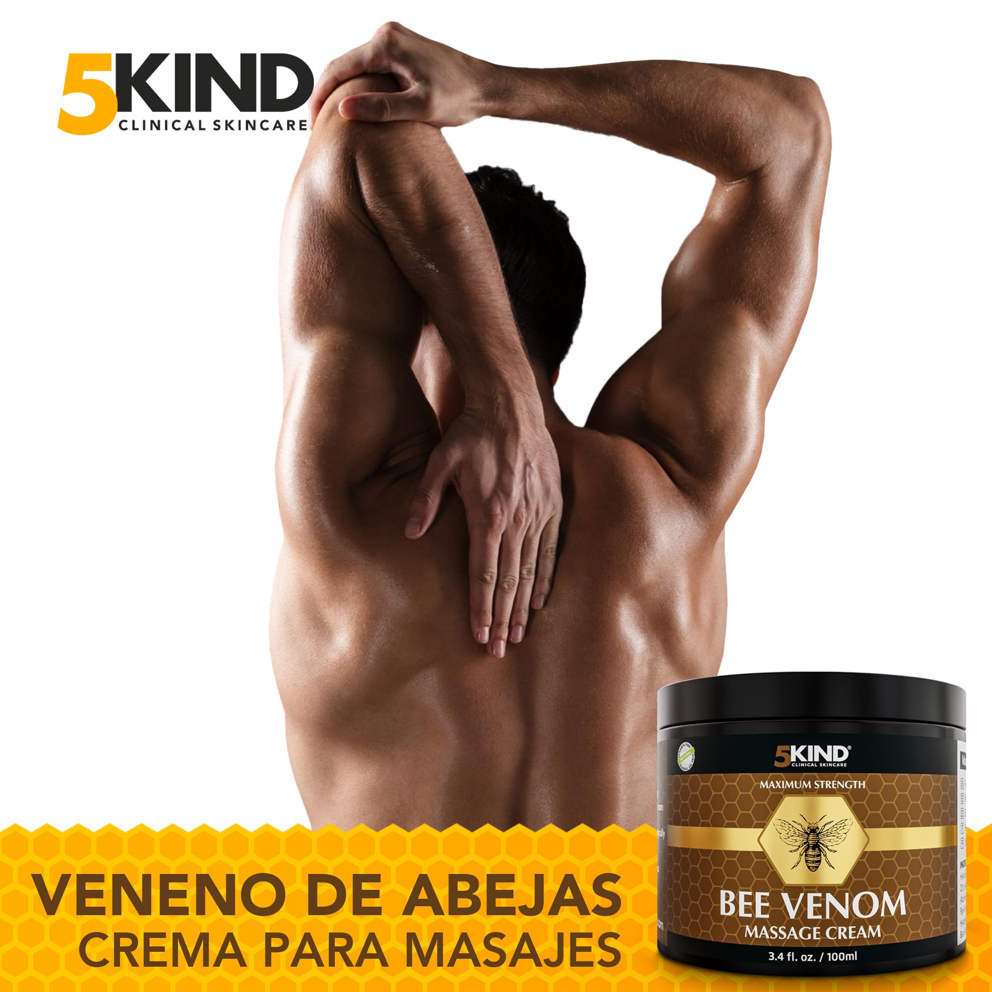 5Kind Veneno de Abeja Crema Maximum Strength 100ml - Crema Veneno de Abeja - Masaje Natural para Músculos, Zona Lumbar, Rodillas, Cuello, Hombros & Pies - De Origen Responsable Bee Venom Cream