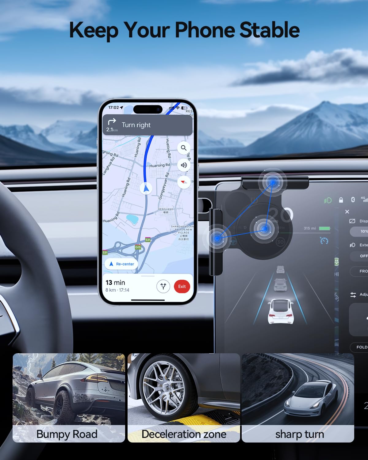 Qi2 uchwyt na telefon komórkowy z certyfikatem 15 W do Tesli Model 3/Y/X/S MagSafe magnes samochodowy z kablem C-C o długości 1 m, do iPhone'a 12-17 i MagSafe