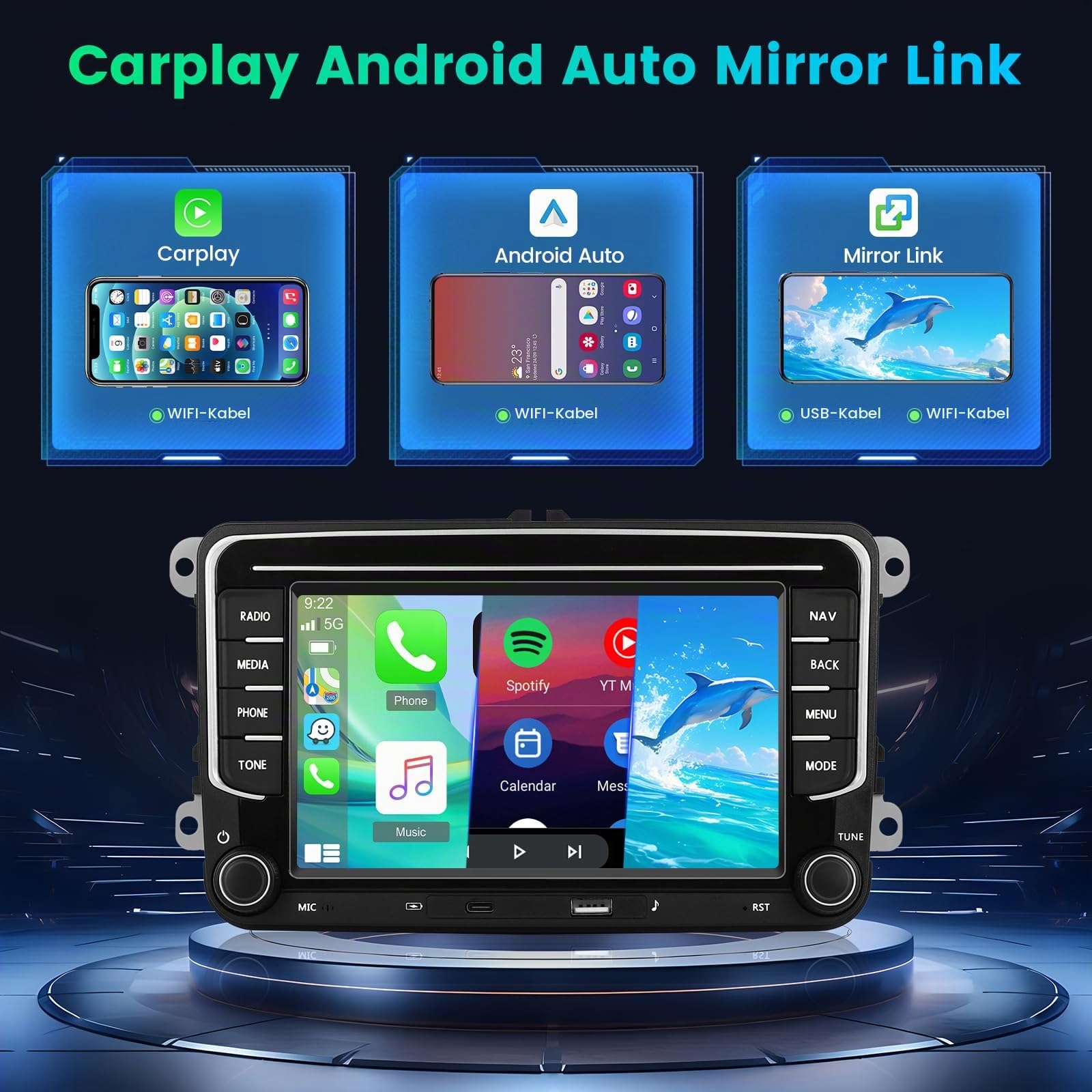 [4+64G] Android Car Stereo für VW Golf 5 6 Passat Polo Tiguan Touran Caddy Skoda Seat mit Wireless Carplay & Android Auto - 7 Zoll IPS Touchscreen Radio mit WiFi AI DSP FM/RDS Radio + Rückfahrkamera