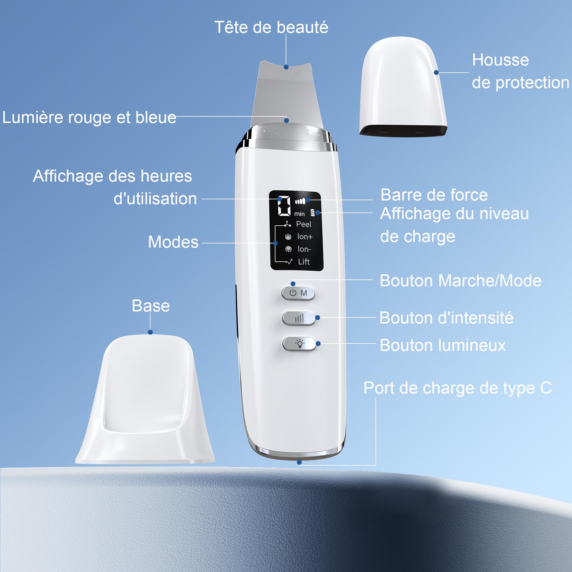 Épurateur de Peau à Ultrasons, Épurateur Visage Skin Scrubber avec 4 Modes et Intensité Réglable, Lumière Rouge et Bleue, Appareil de Nettoyage Exfoliant à Ultrasons