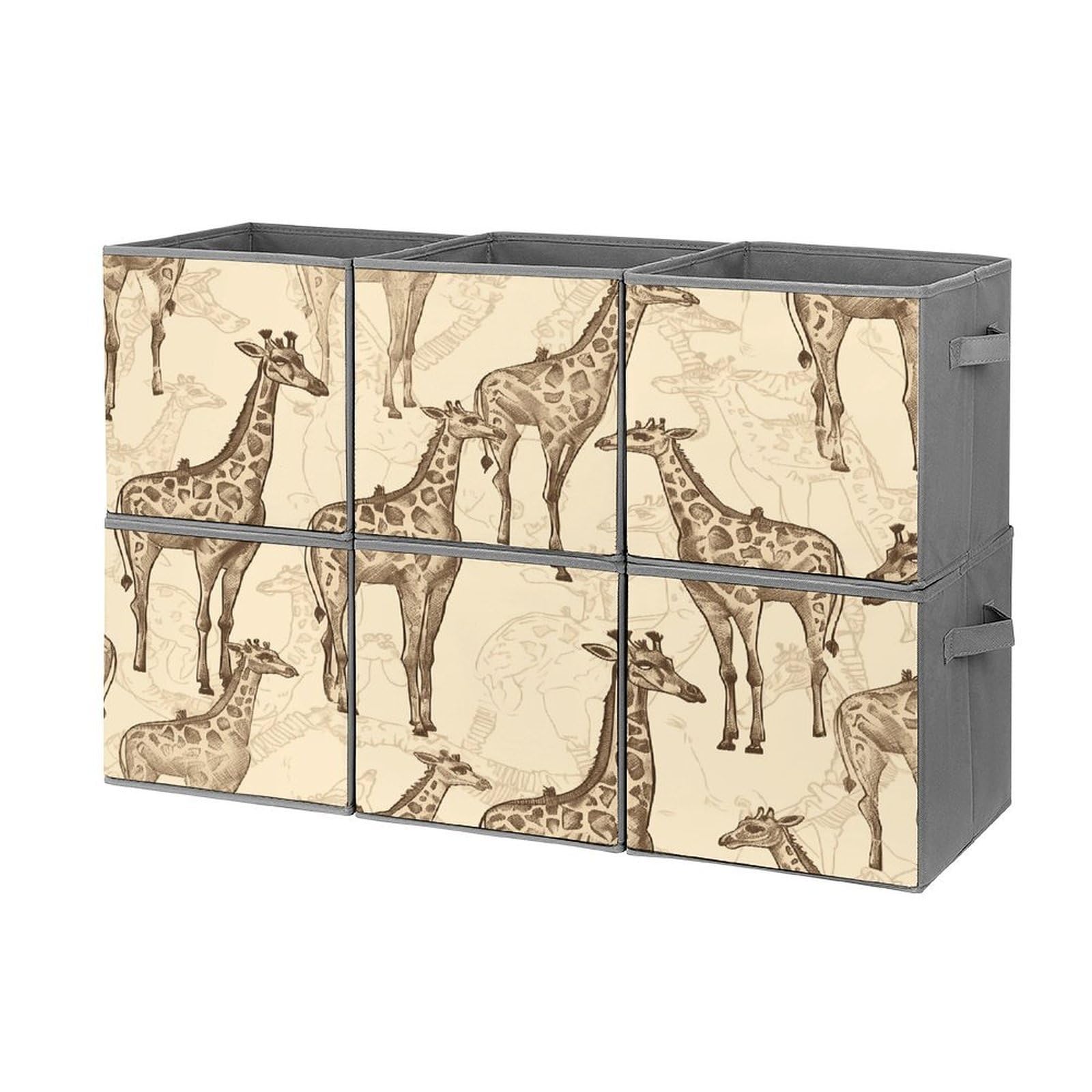 Btcowzrv Style Hand Drawn Giraffes Storage Cubes, 6 Pack Oxford Fabric Foldable Collapsible Bins With Handles, Cubby Storage Baskets Boxes For Closet Shelves Office Organization