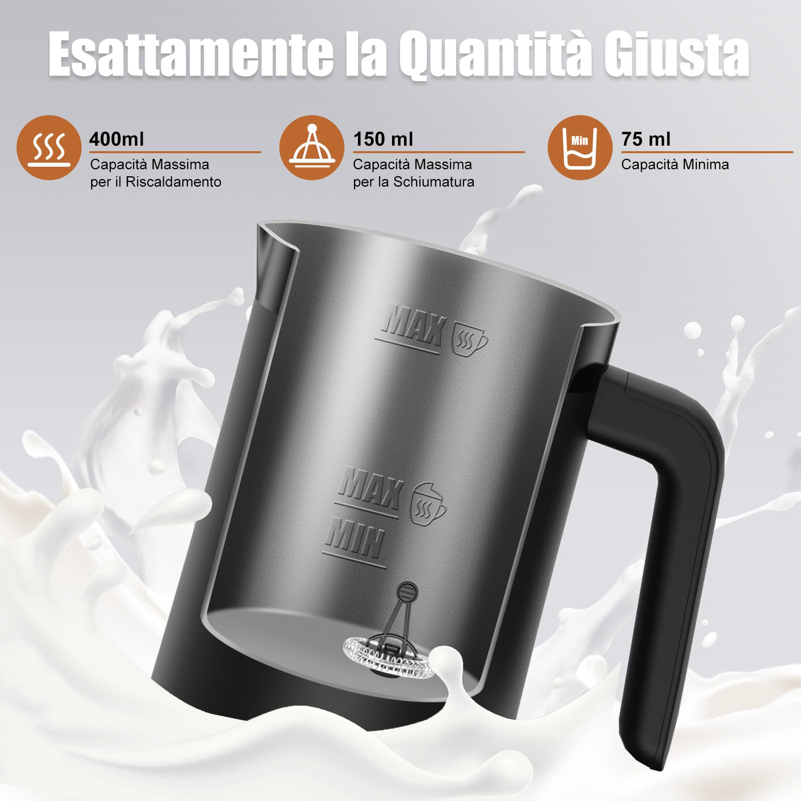 Ovetedot Montalatte Elettrico, 4-in-1 Montalatte Elettrico Cappuccino, 400ml Grande Capacità, Scaldalatte per Latte Caldo e Freddo, Schiumatore per Cappuccino, Latte, Macchiato(Nero)