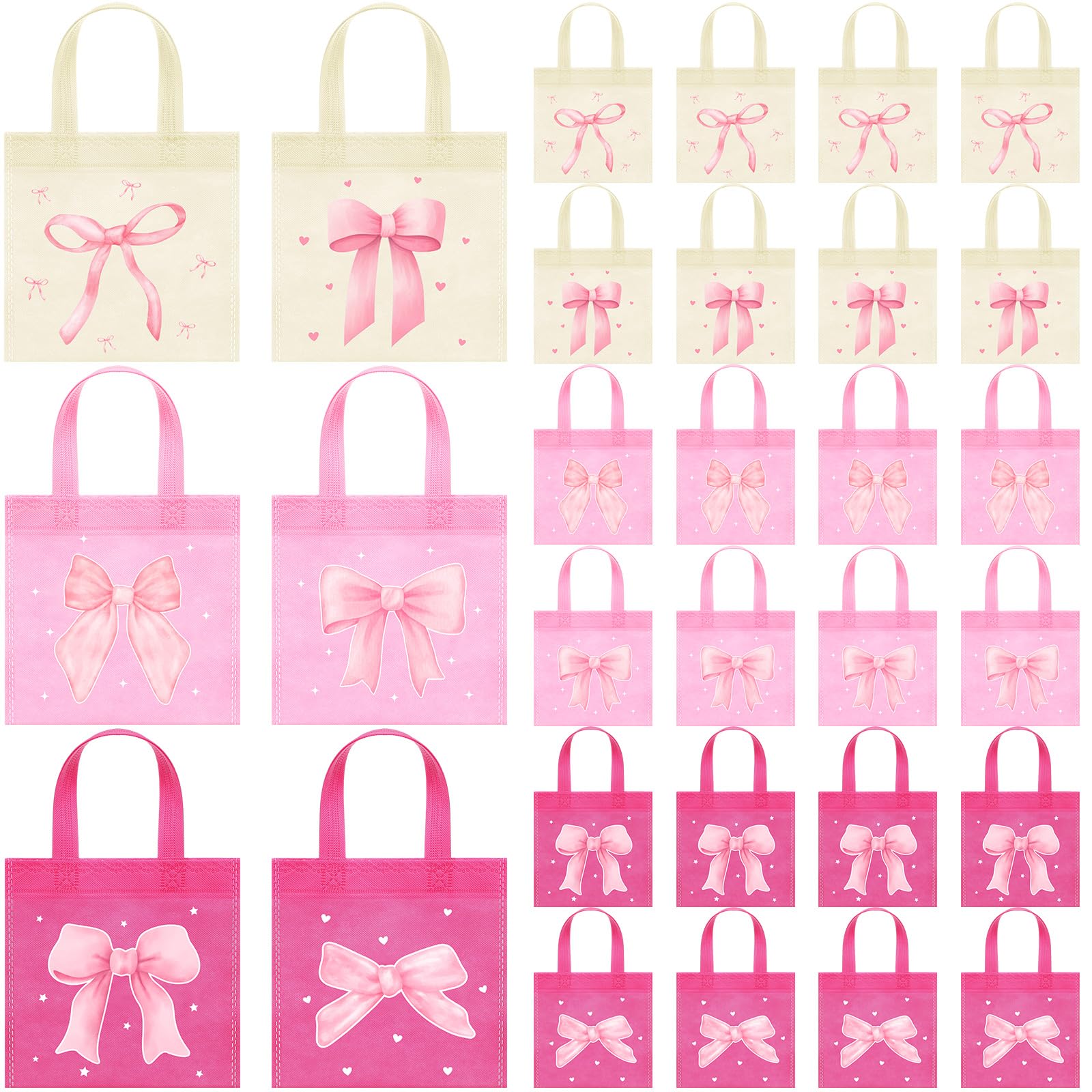 Honeydak 24 Pcs Coquette Pink Bow Party Favor Bags Valentines Non Woven Bow Goodie Bags Cute Pink Party Supplies for Princess Themed Birthday Shower