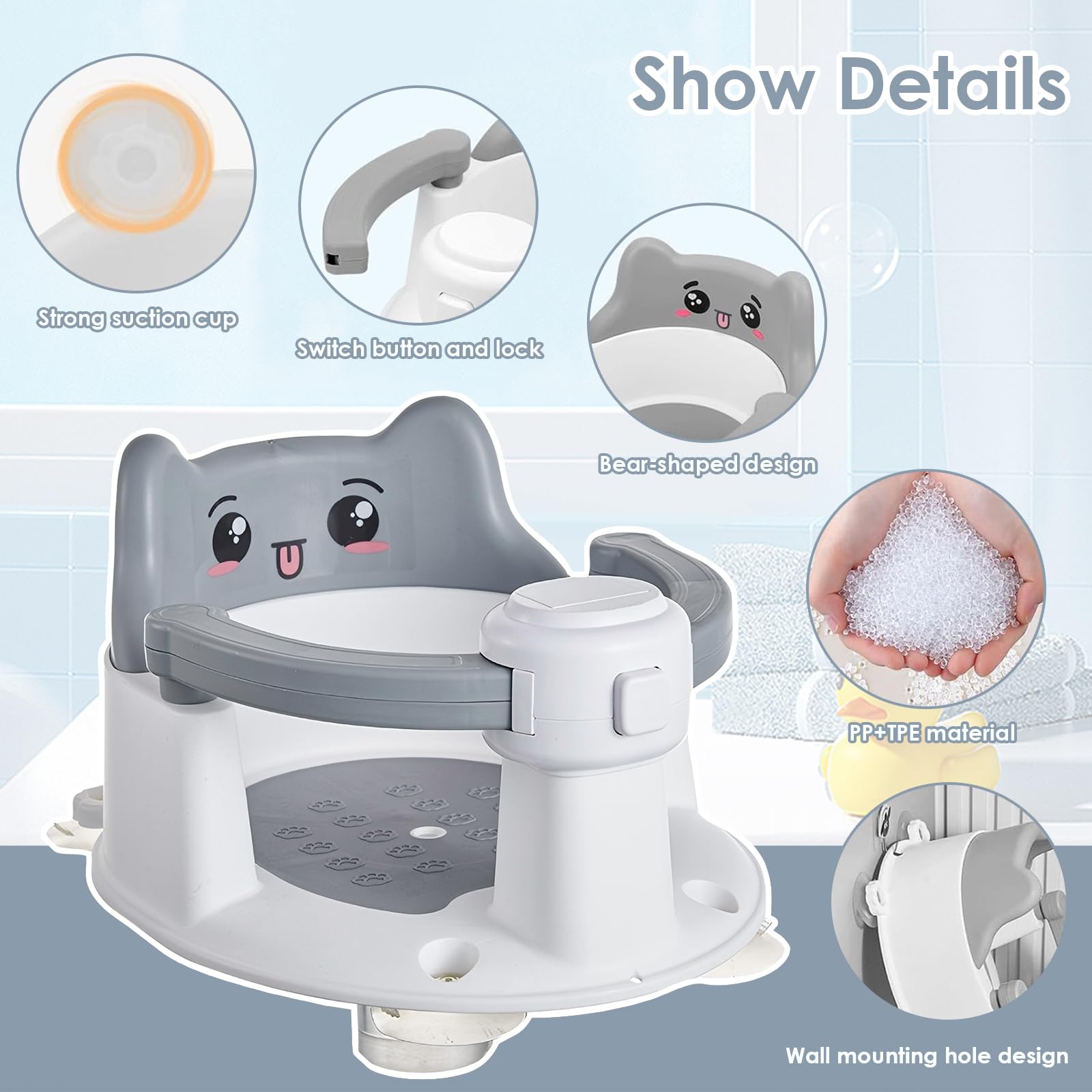 Siège de Bain Bébé avec 4 Ventouses Antidérapantes, Portable et Sécurisé pour Douche ou Baignoire
