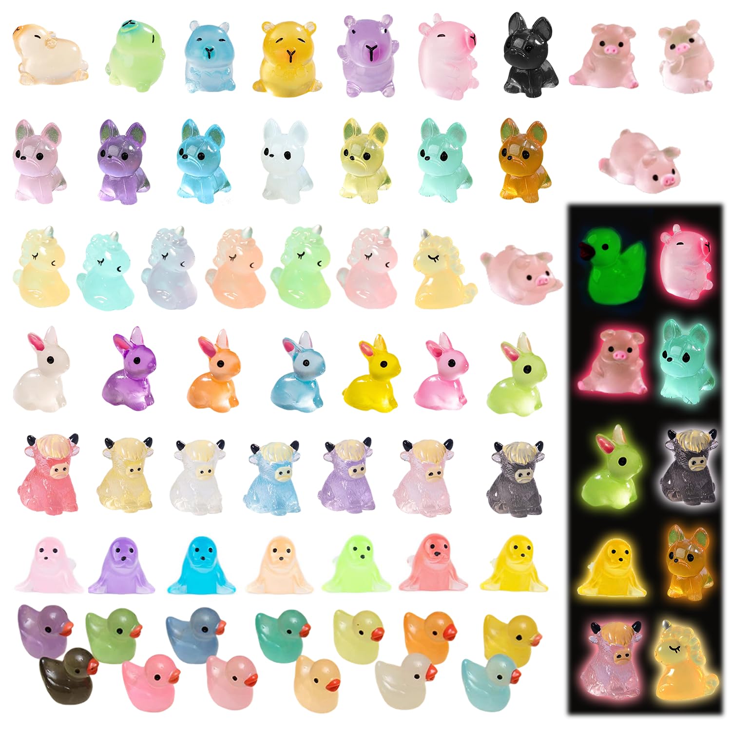 65Pcs Mini Resin Animals, 8 Styles Luminous Small Plastic Animals, Mixed Mini Resin Figures Miniature Tiny Animal for Micro Landscape Fairy Garden Aquarium Dollhouse Decor