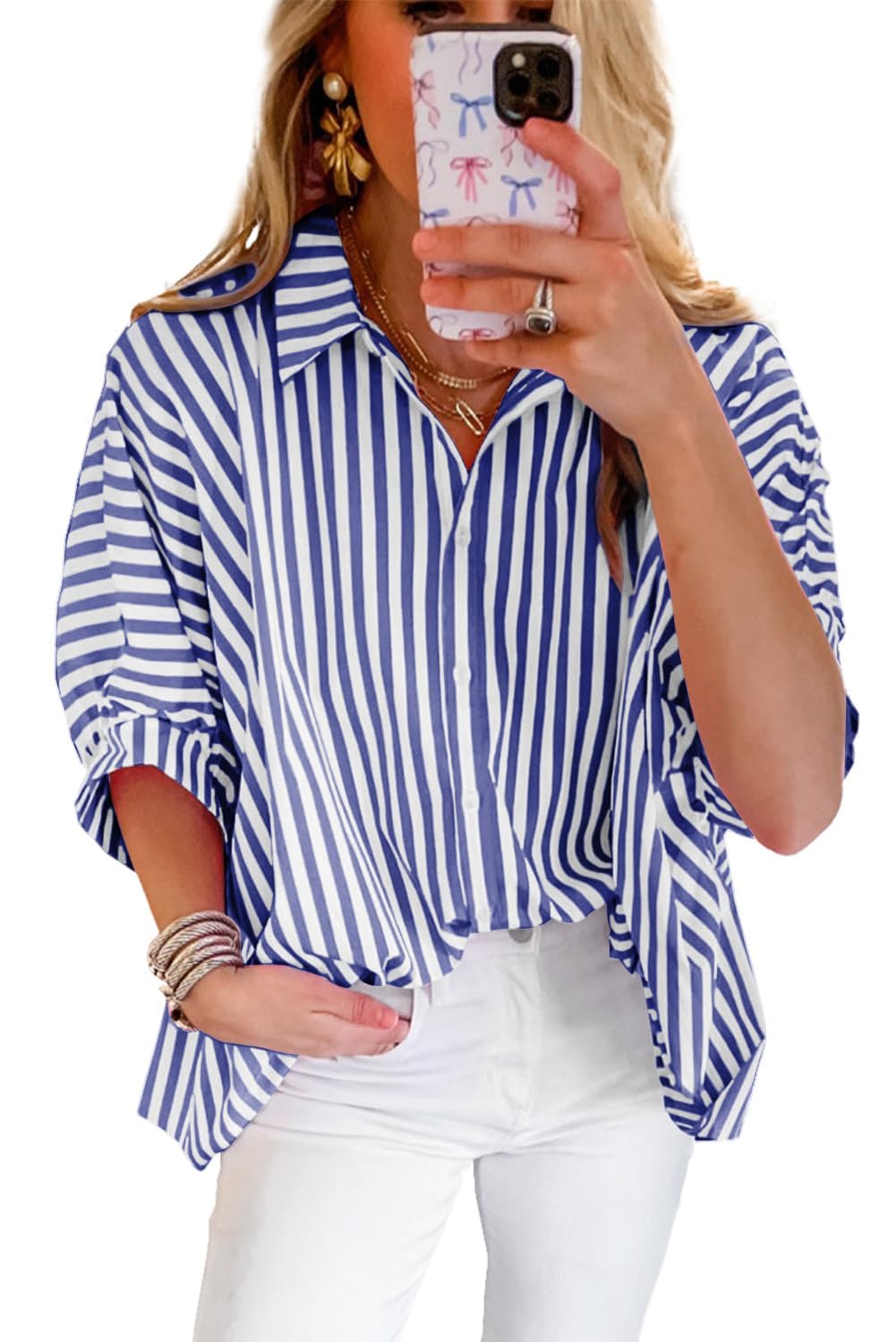 Women 2024 Summer Stripe Dolman Sleeve V Neck Oversize Shirt Tops Casual Button Up Short Sleeve Striped Blouse X-Large Z Blue