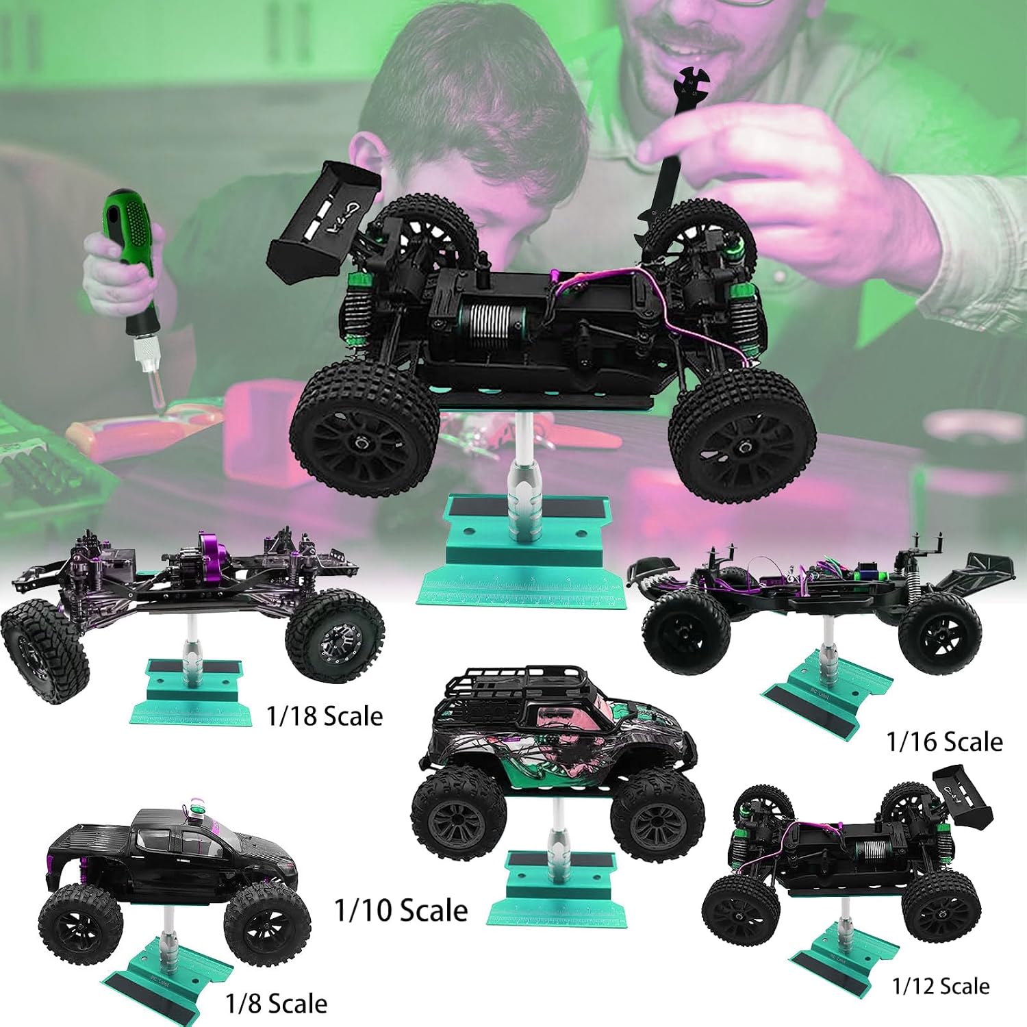 RC Car Stand RC Repair Stand 360 Degree Rotation Lift or Lower for Traxxas Arrma Redcat Axial RC4WD HSP Losi 1/8 1/10 1/12 1/16 Scale RC Crawler Car Truck Buggies (Green) image 4