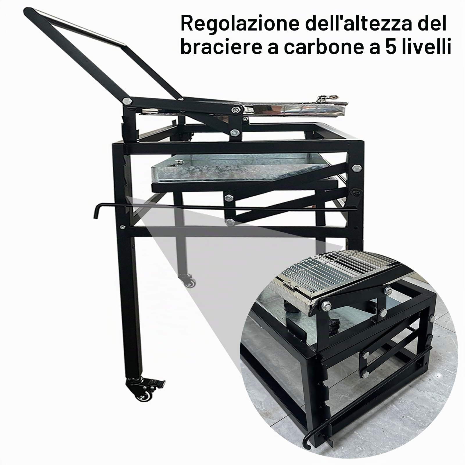 Griglia a carbone per barbecue con carrello, resistente griglia quadrata da esterno, portatile, girevole a 360 gradi, con ruote, per campeggio, giardino, barbecue commerciale