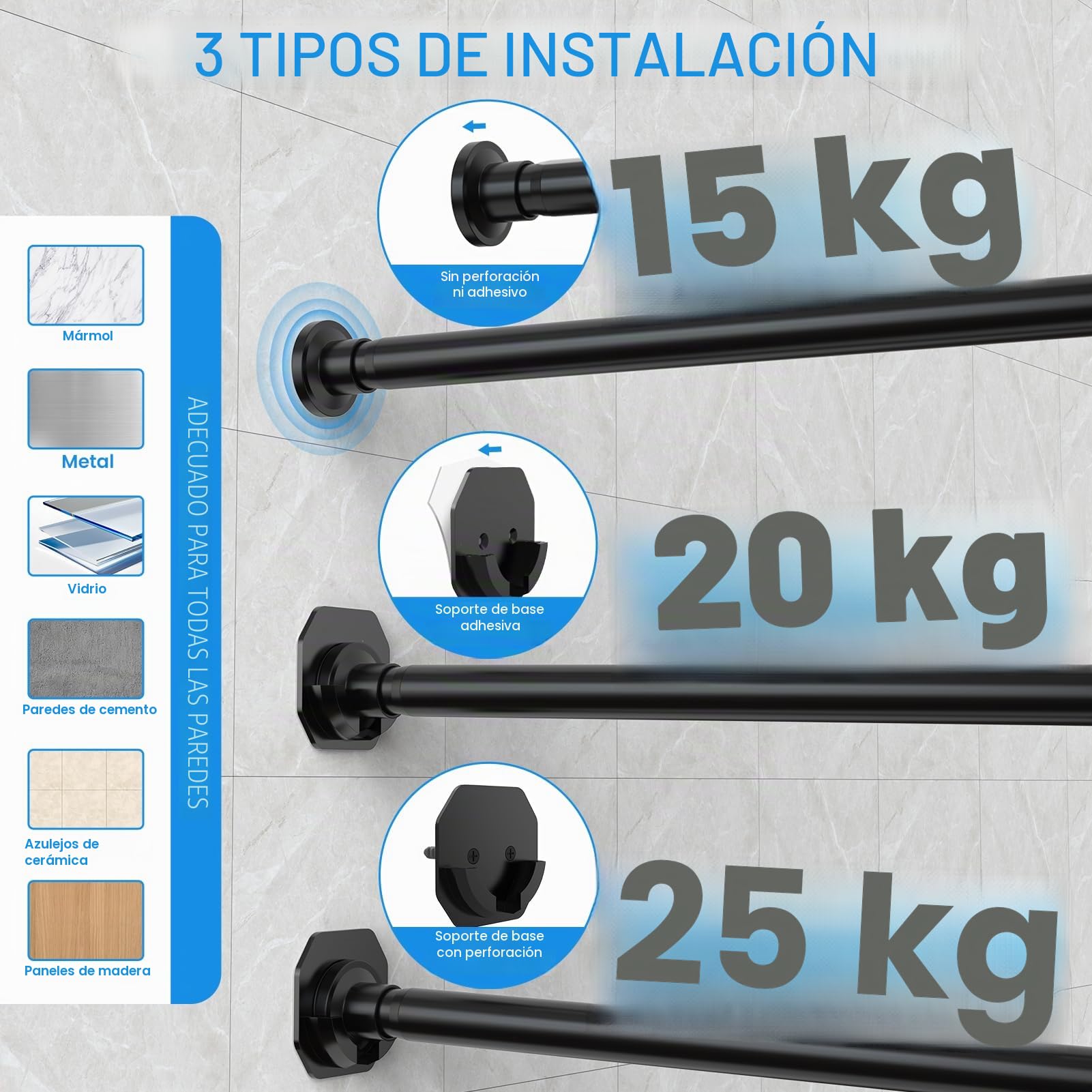 WELDUN Barras de cortina extensibles de 98 a 290 cm, sin taladrar Φ32 mm, incluye 2 bases de pared, barra telescópica de metal para baño y ventana, color negro