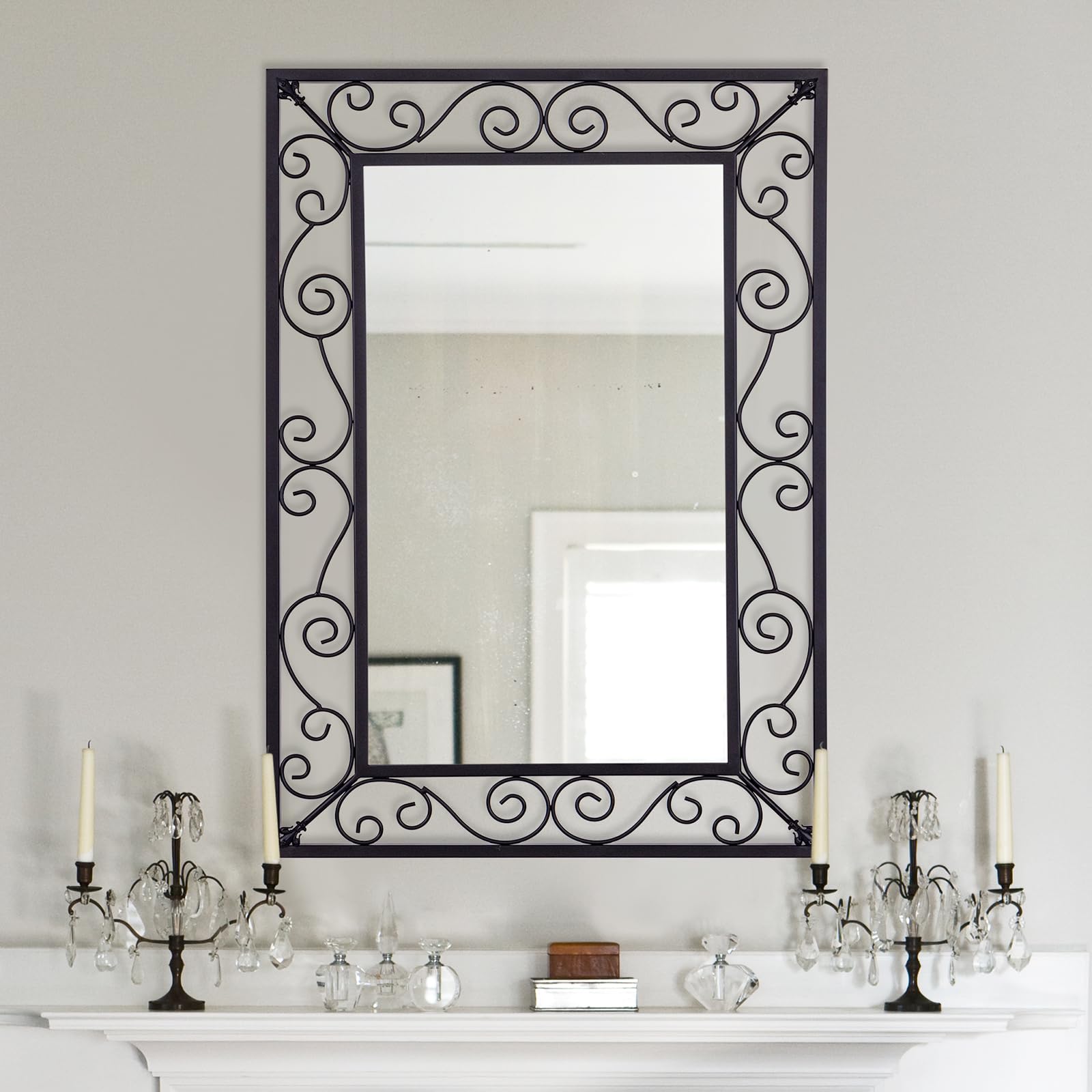 Chende 40'' x 28'' Black Wall Mirror with Wrought Iron Frame, Rectangle Decorative Mirror with Industrial Style, Elegant Antique Mirror for Living Room, Entryway, Fireplace