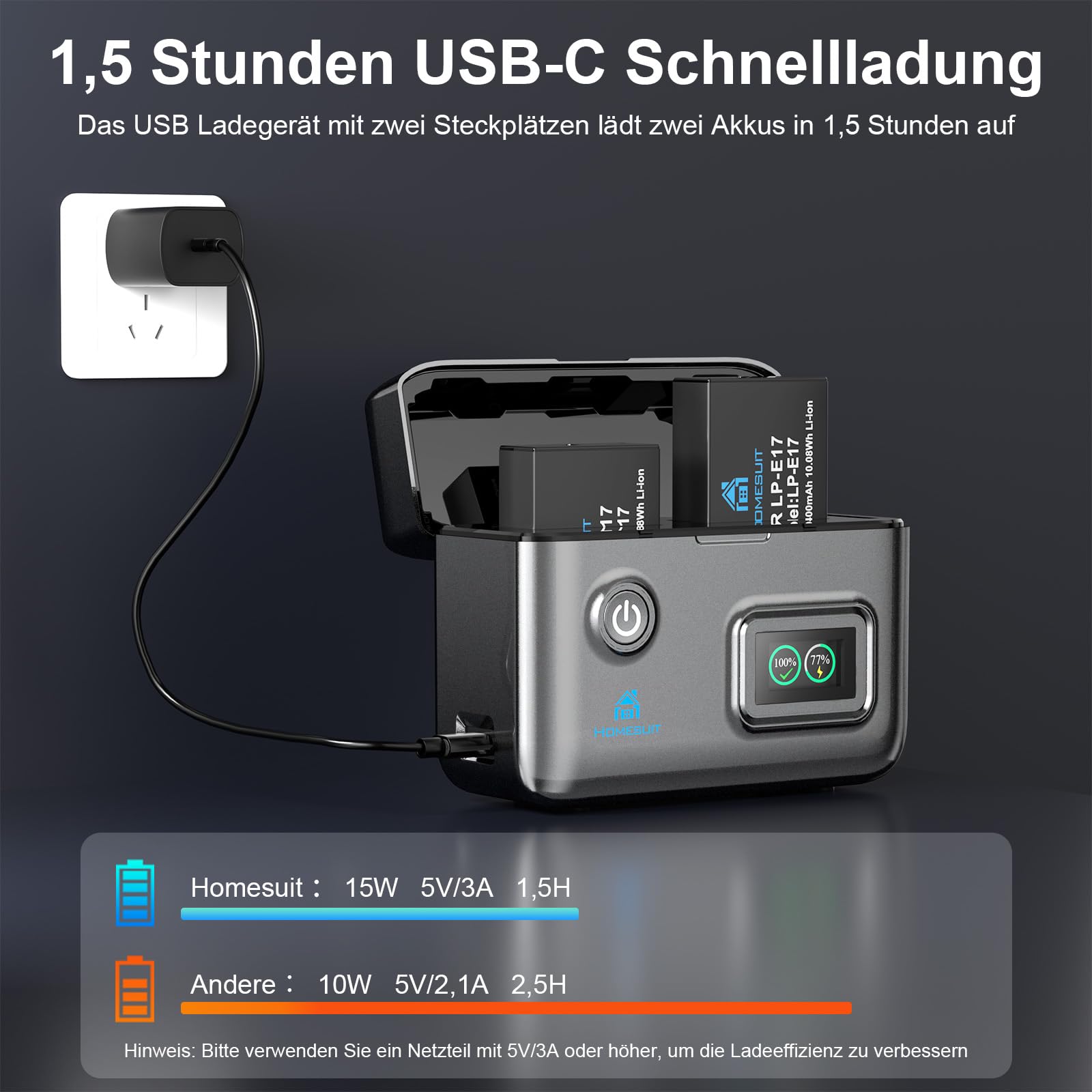 Homesuit LP-E17 Akku 1400mAh & Dual USB LCD Ladegerät Kit für Canon EOS R10, RP, Rebel SL3, SL2, T8i, T7i, T6i, T6s, EOS M3, M5, M6, EOS 200D, 77D, 750D, 760D, 800D, 8000D Kamera (2er-Pack)