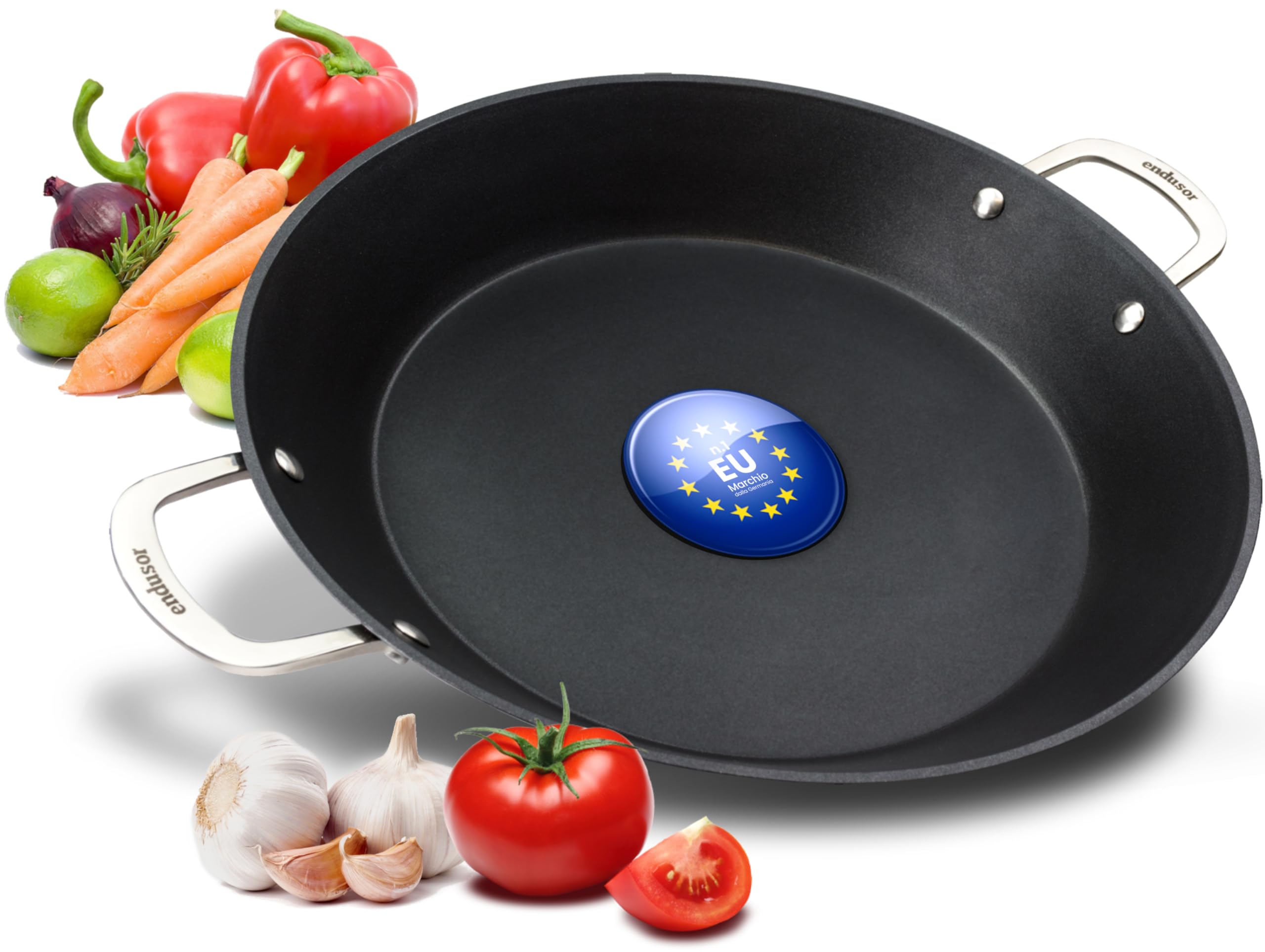 endusor Padella Paella 38 cm - Induzione Gas Ceramica Elettrico | Padella grande per 6-8 persone | Pentola antiaderente per una deliziosa paella fatta in casa | Padella professionale in alluminio