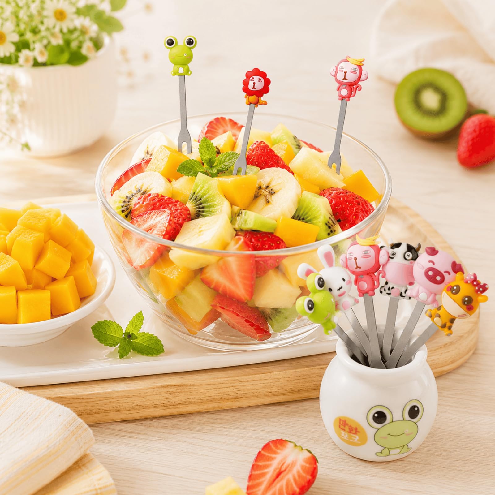 Mini Cartoon Forchette da Frutta in Acciaio Inossidabile, Stuzzicadenti Riutilizzabili con Manici in Silicone e Barattoli di Stoccaggio in Ceramica, Accessori da Tavola per Frutta e Dessert, 20 Pezzi