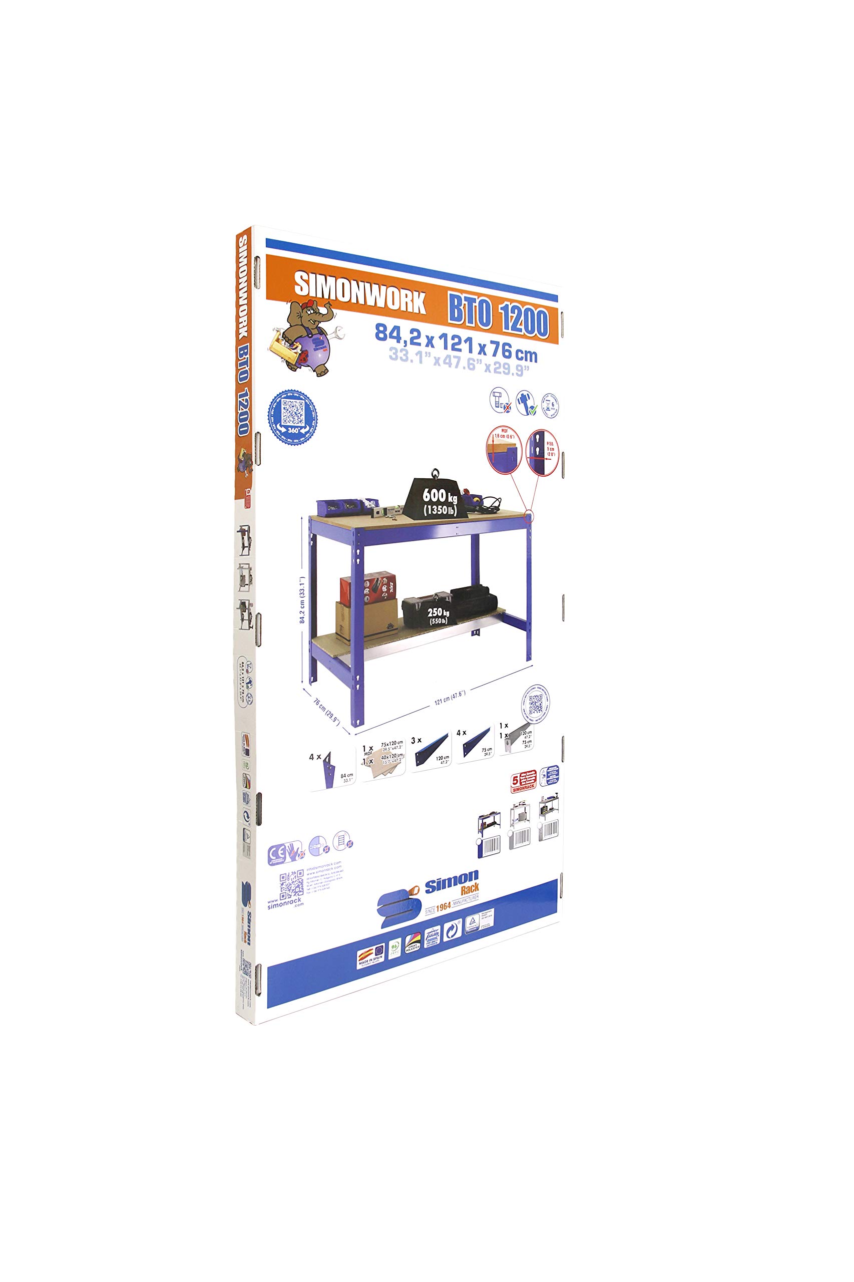Simon Rack Banco da lavoro per officina, capacità di carico 400 kg, 842x910x610 mm, tavolo da lavoro fai da te, Blu/Legno - BT0