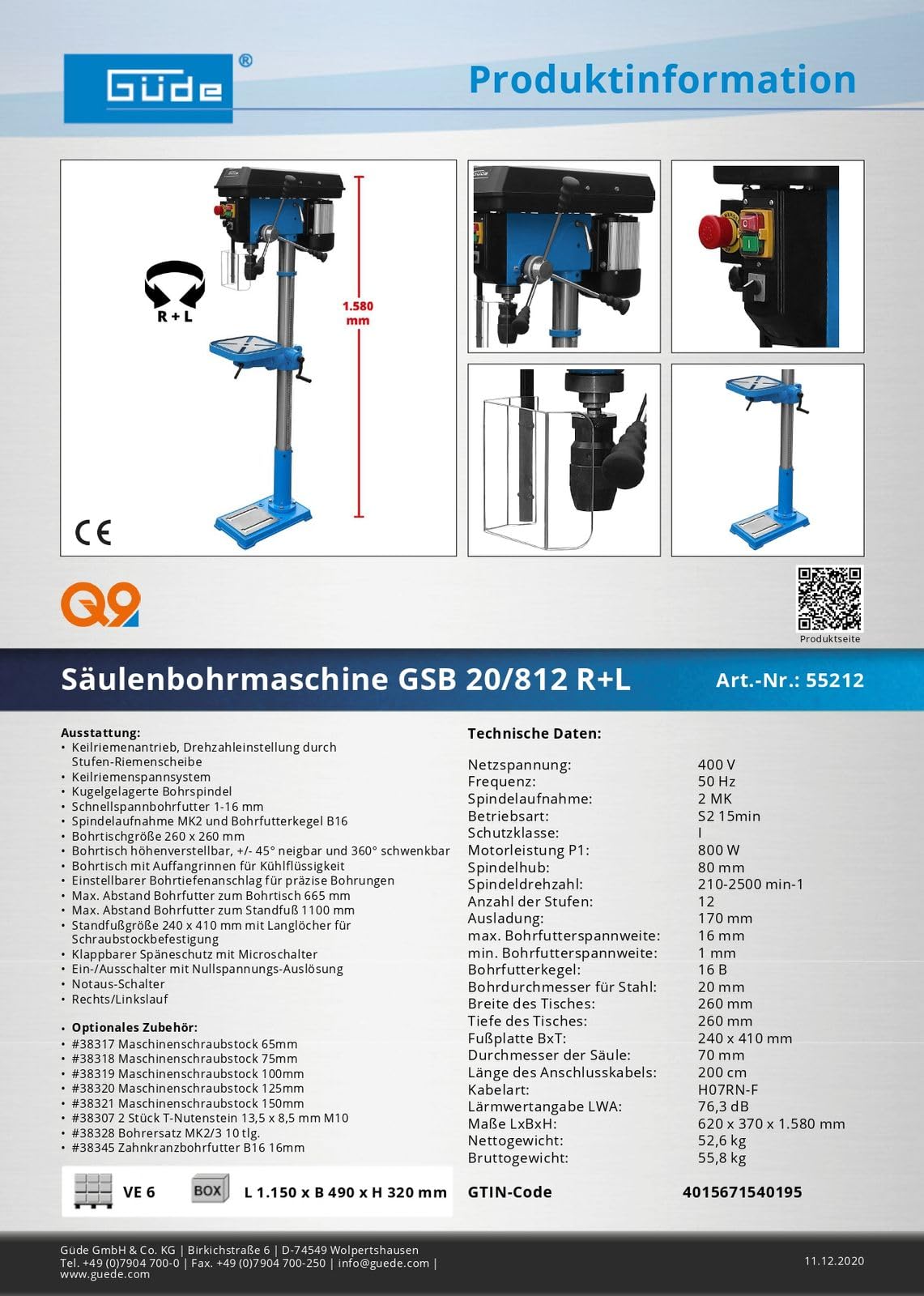 GÜDE Säulenbohrmaschine Bohrmaschine Standbohrmaschine GSB 20/812 R+L 800 Watt