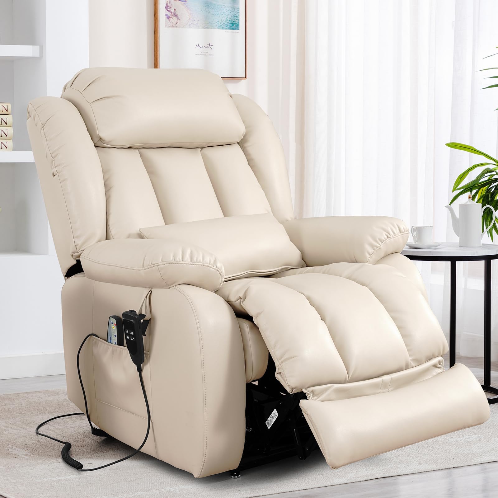 EDILLY Large Leather Power Lift Recliner Beige