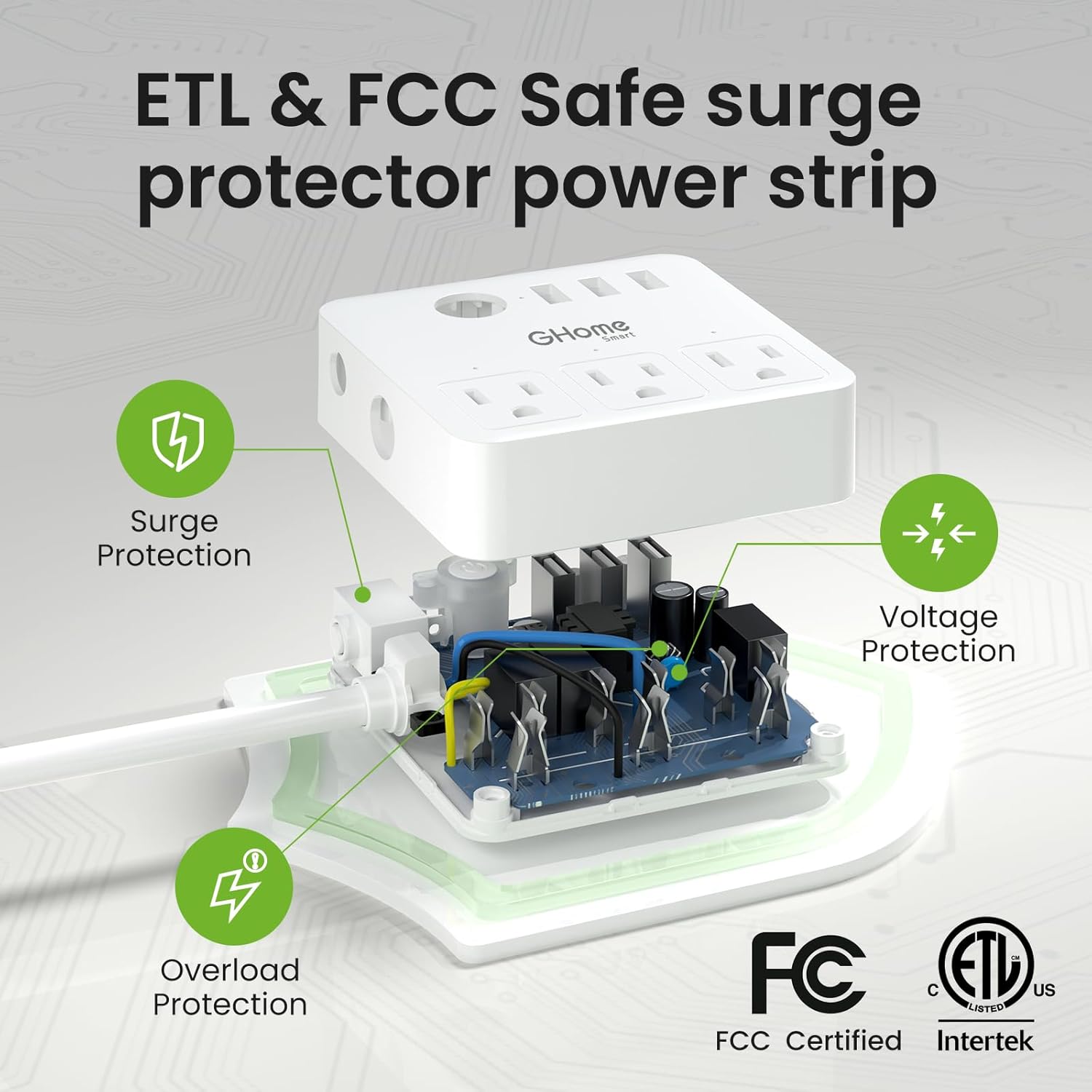 GHome Smart Power Strip Surge Protector 10A, Smart Plug that Works with Alexa & Google Home, 6 in 1 WiFi Outlets with APP Control, White Extension Cord 2.4G WiFi Only, ETL FCC Listed, No Hub Needed