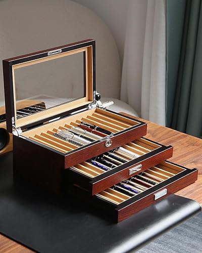 Miniatura 6 de Besforu vitrina de madera de la pluma de 36 ranuras Pluma estilográfica caja organizador de almacenamiento con cajón, ventana superior ventana pluma