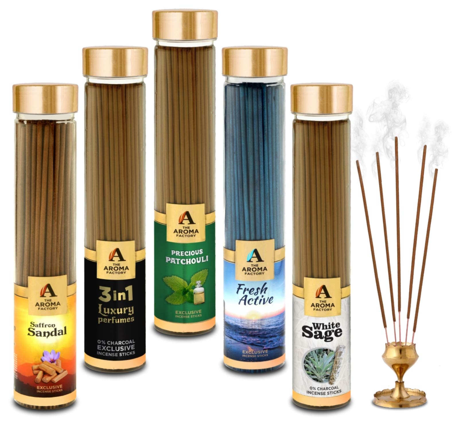 The Aroma Factory Kesar Chandan,3 in 1, Patchouli,Fresh Active & White Sage Agarbatti for Pooja,Luxury Incense Sticks, 0% Sulphates (Bottle Pack of 5 x100g)