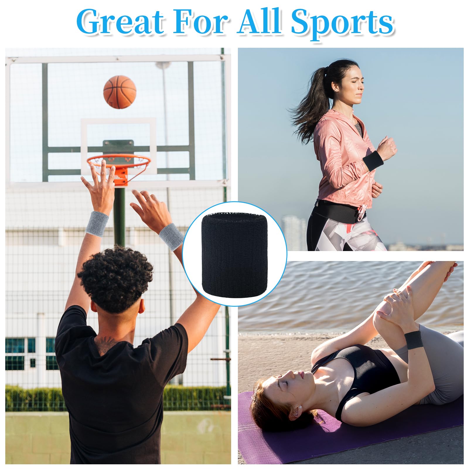 6 Fasce Per Il Sudore Da Polso – Assorbenti, Elastiche, Per Fitness, Corsa, Tennis, Basket, Nere/bianche/grigie - 3