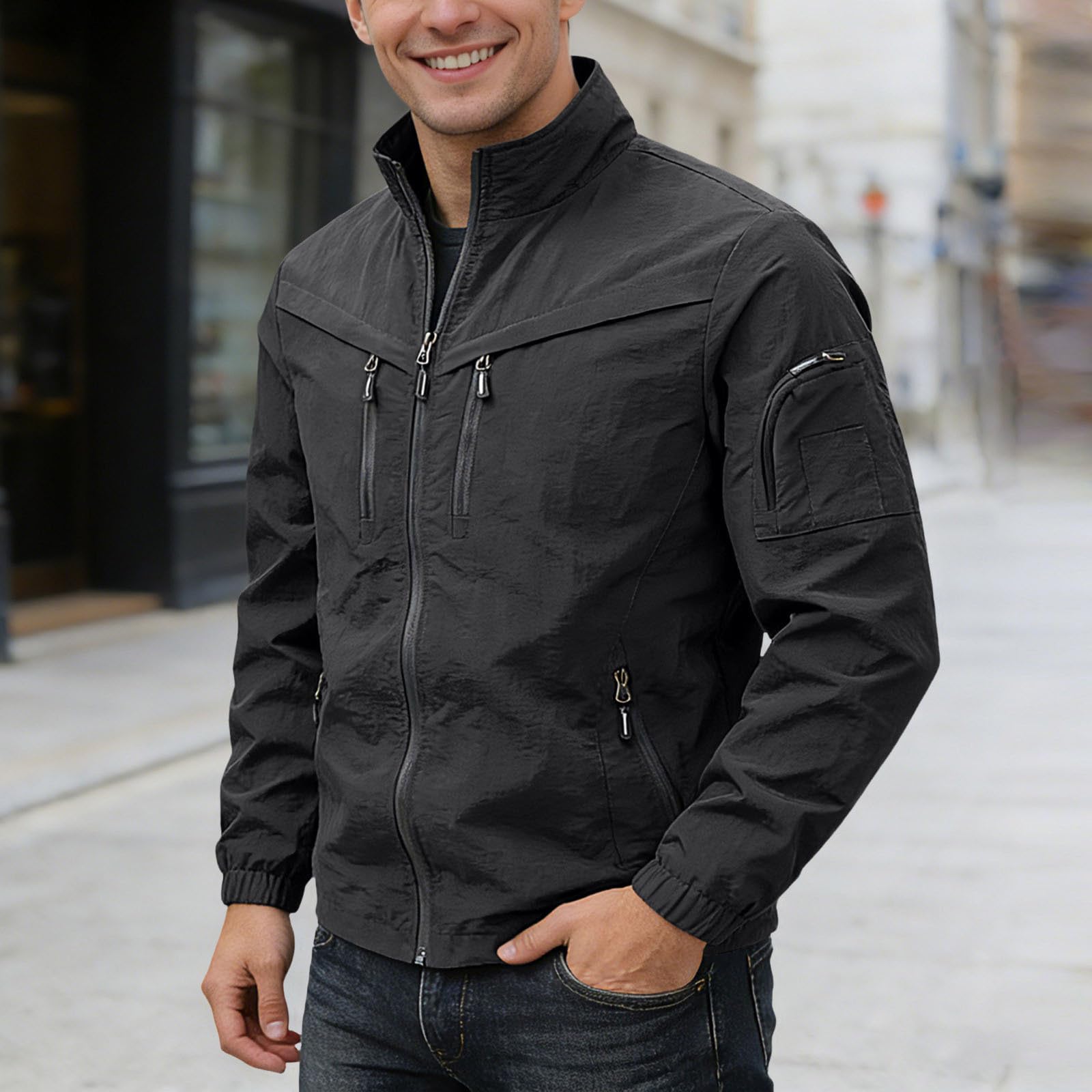 Generisch Giacca funzionale da uomo, con chiusura lampo, giacca da trekking, traspirante, leggera, softshell con colletto alto, con molte tasche, tinta unita, da lavoro