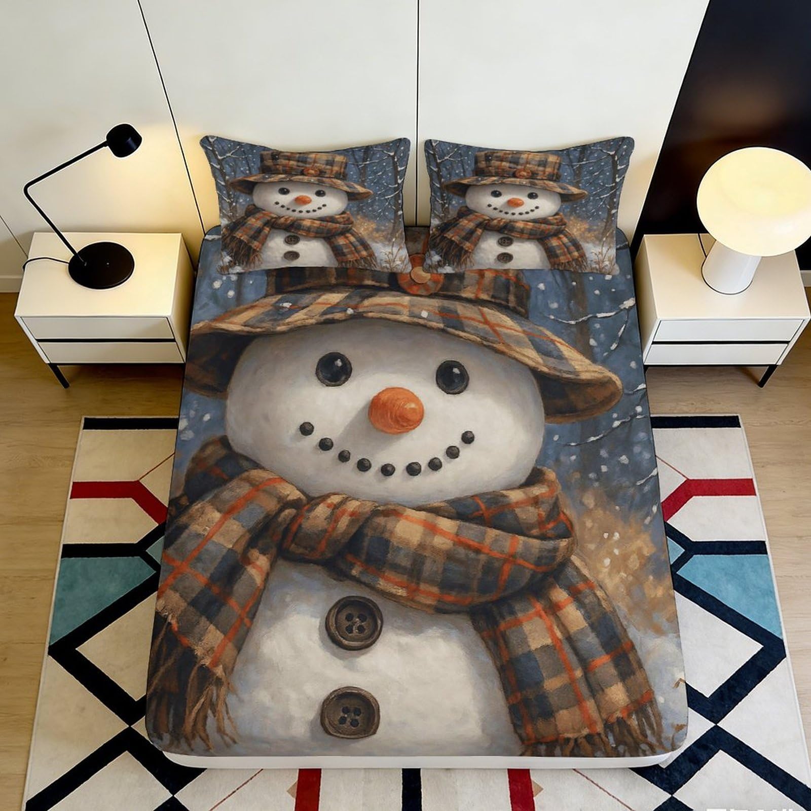 3D Printed Snowman Fitted Sheet Microfiber Elastic Hem Snowman Mattress Fitted Cover Washable Bedroom Protection 90x200x25cm