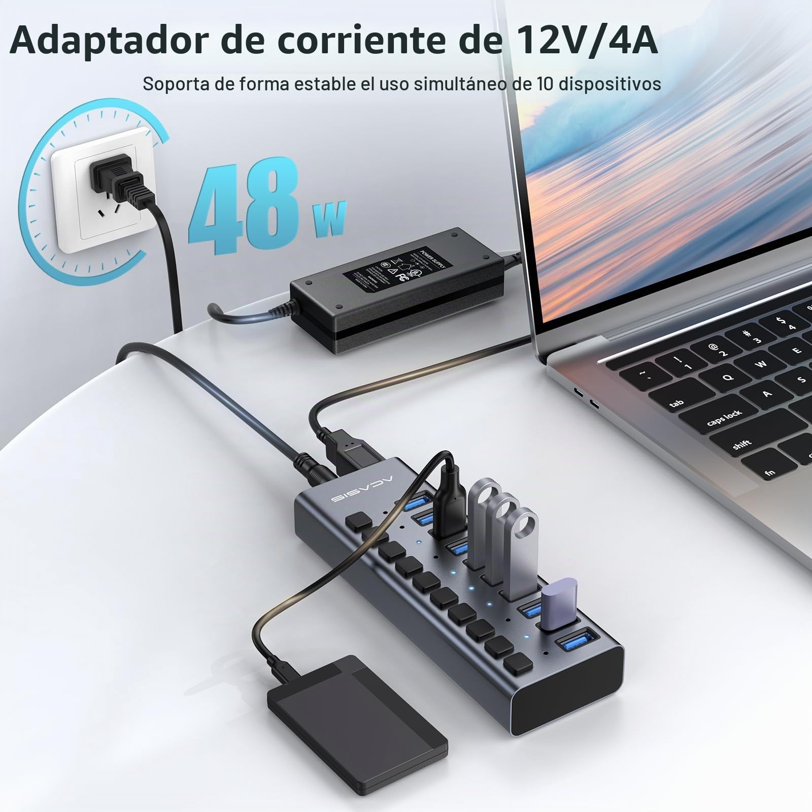 ACASIS Hub USB 3.2 de 10 Puertos, 10 Gbps, Adaptador de Corriente 48W | 10 interruptores independientes LED, velocidad de 10 Gbps, adaptador de 48W incluido, Plug & Play, compatible con PC y Mac