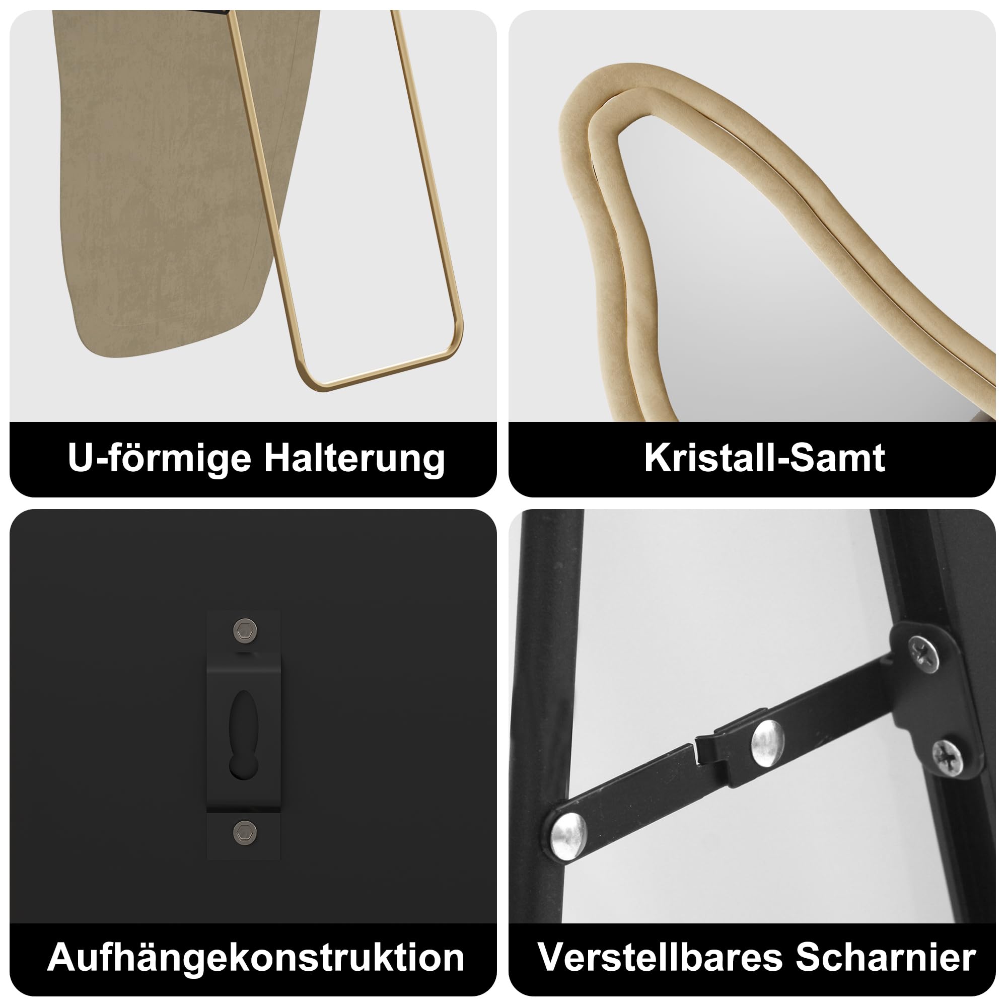 Ganzkörperspiegel, Asymmetrischer Gewölbter Bodenspiegel Groß, standspiegel aus Flanellumwickeltem Holzrahmen, Bodenspiegel, für Schlafzimmer, Wohnzimmer, Garderobe, Gold