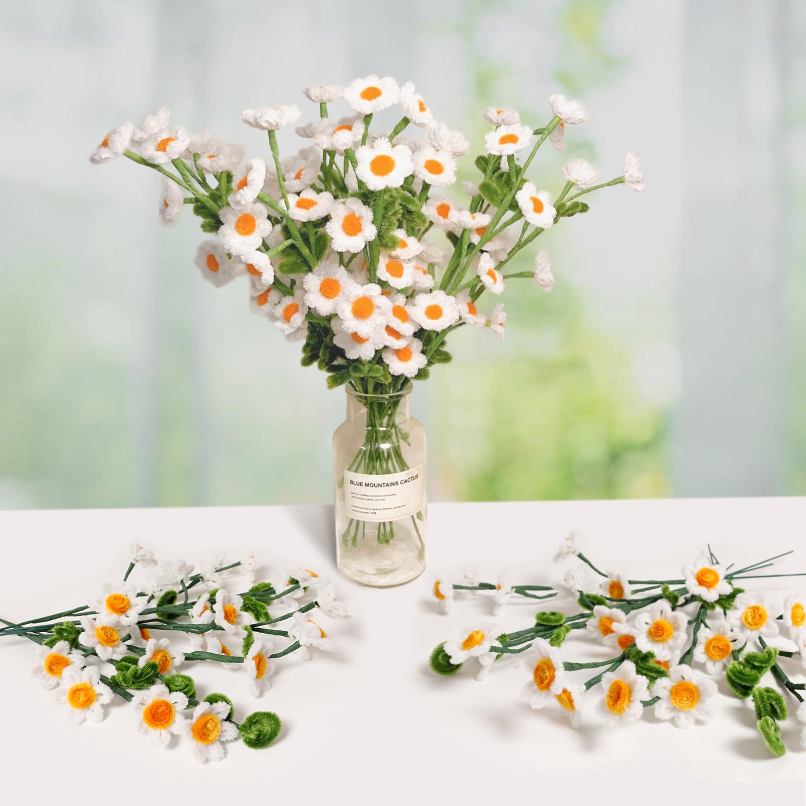 Daisy pijpenreiniger, groen, goud, wit, chenilledraad, lint, bloemenstelen, voor het knutselen van madeliefjes, knutselen, 300 stuks