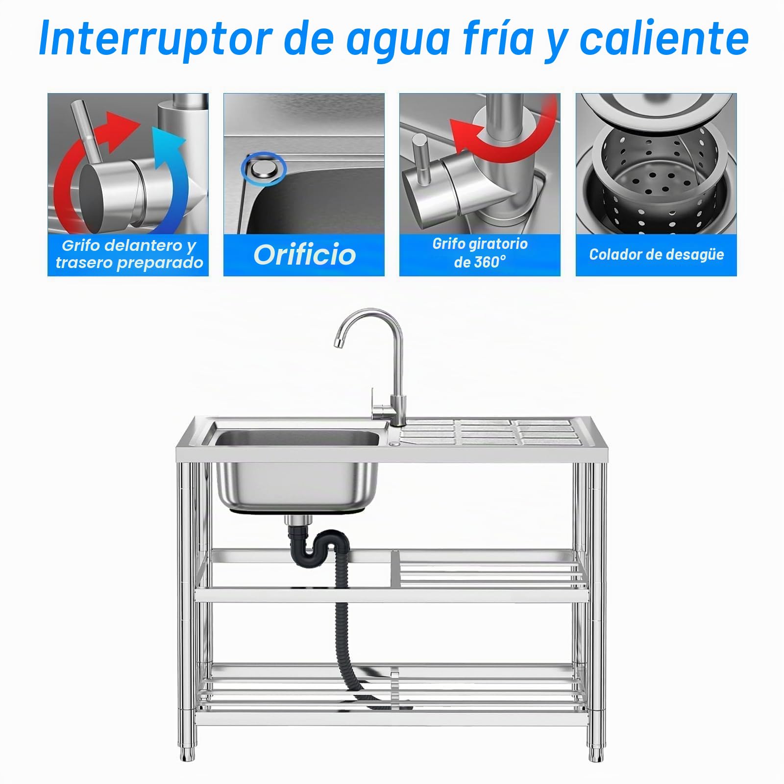 Bostar Fregadero de Cocina Independiente de Acero Inoxidable 75x40x80cm, Lavadero de Un Seno para Agua Fría/Caliente, Mueble con Estante de Almacenamiento para Exterior Garaje Jardín