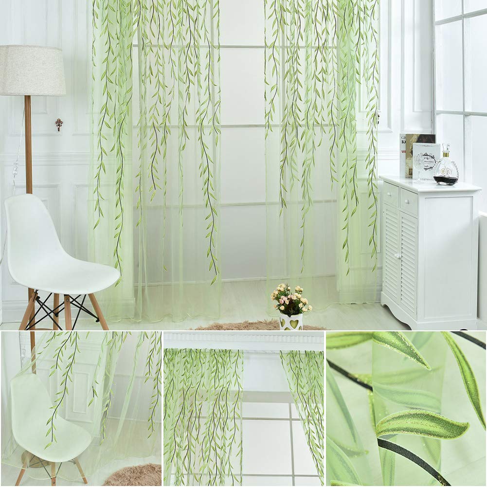 Green Willow Sheer Window Curtains Drapes Panels Valances Tulle Voile Curtains for Bedroom Kitchen (39.4'' x 106.3")