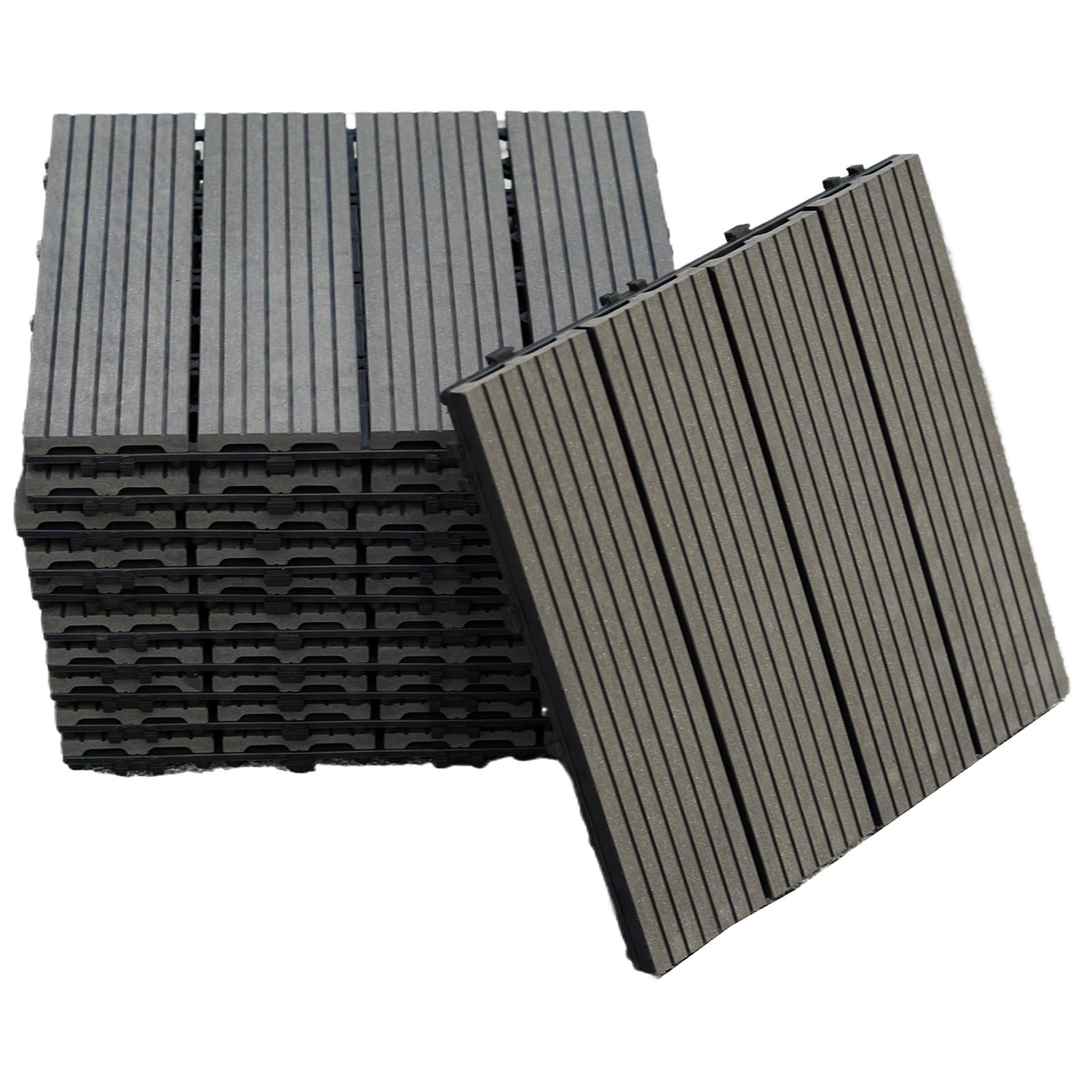 Gr8 Garden Black 11 Piece Wooden Stripe Effect Wpc Composite Classic Interlocking Floor Decking Tiles Outdoor Patio Garden Lawn Balcony Floor Play Area Deck Terrace Set (Black)