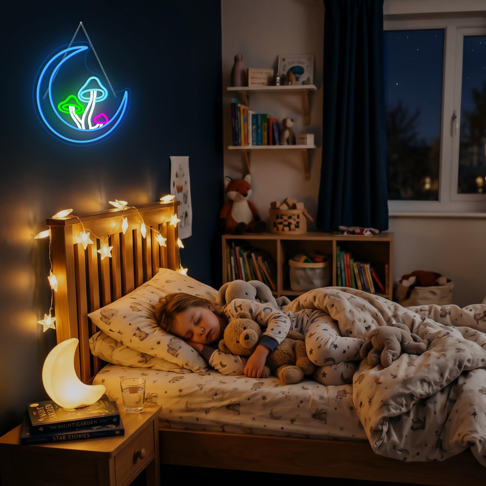 Księżyc, grzyb, neonowy znak, niebieski księżyc, neonowe światła do dekoracji ścian, grzyb, podświetlane znaki USB LED do pokoju dziewczęcego, salonu, pokoju dziecięcego, domu, baru, sklepu