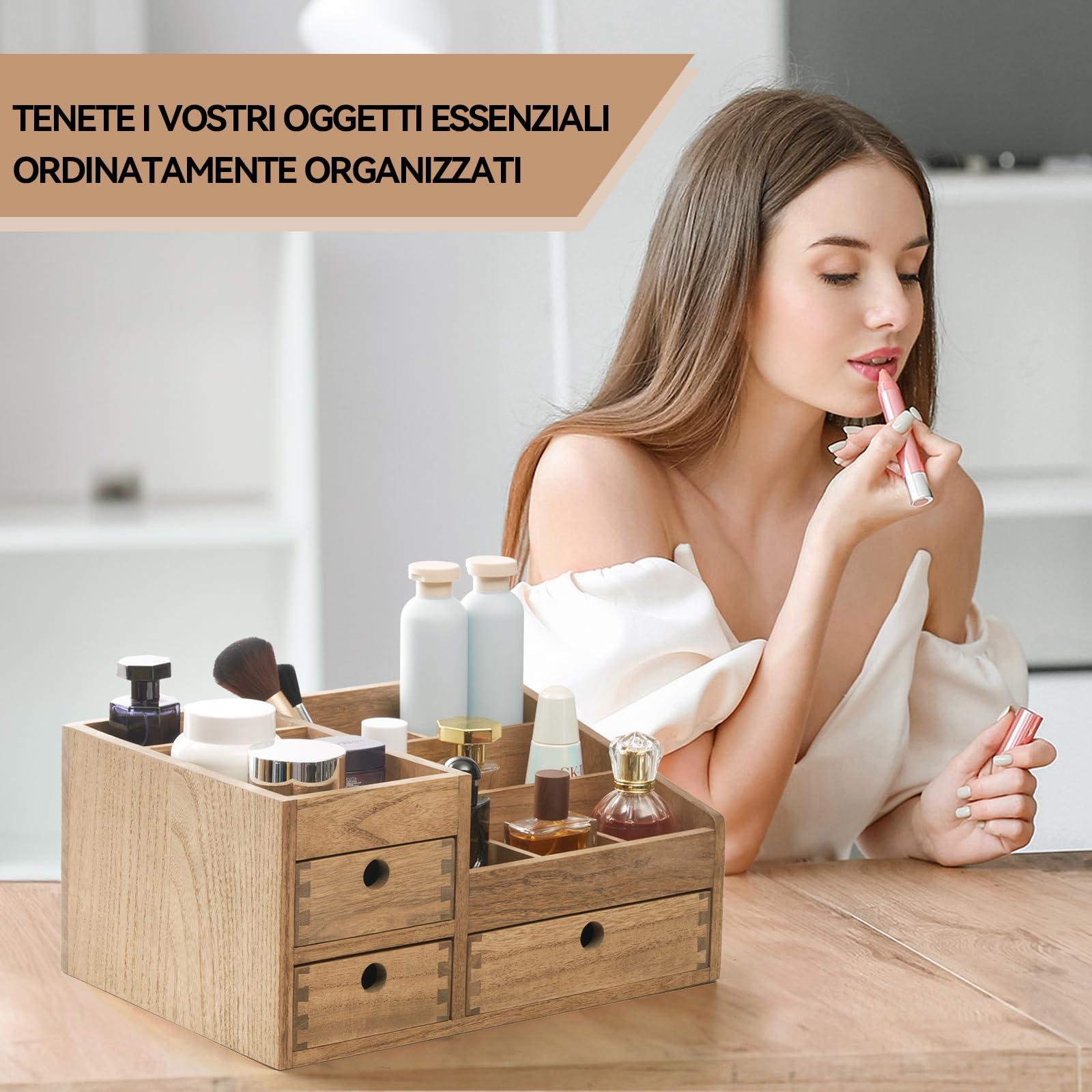 KIRIGEN mobile porta trucchi in legno da tavolo organizzatore di cosmetici organizzatore di gioielli scatola porta trucchi a 8 scomparti con 3 cassetti giallo-marrone
