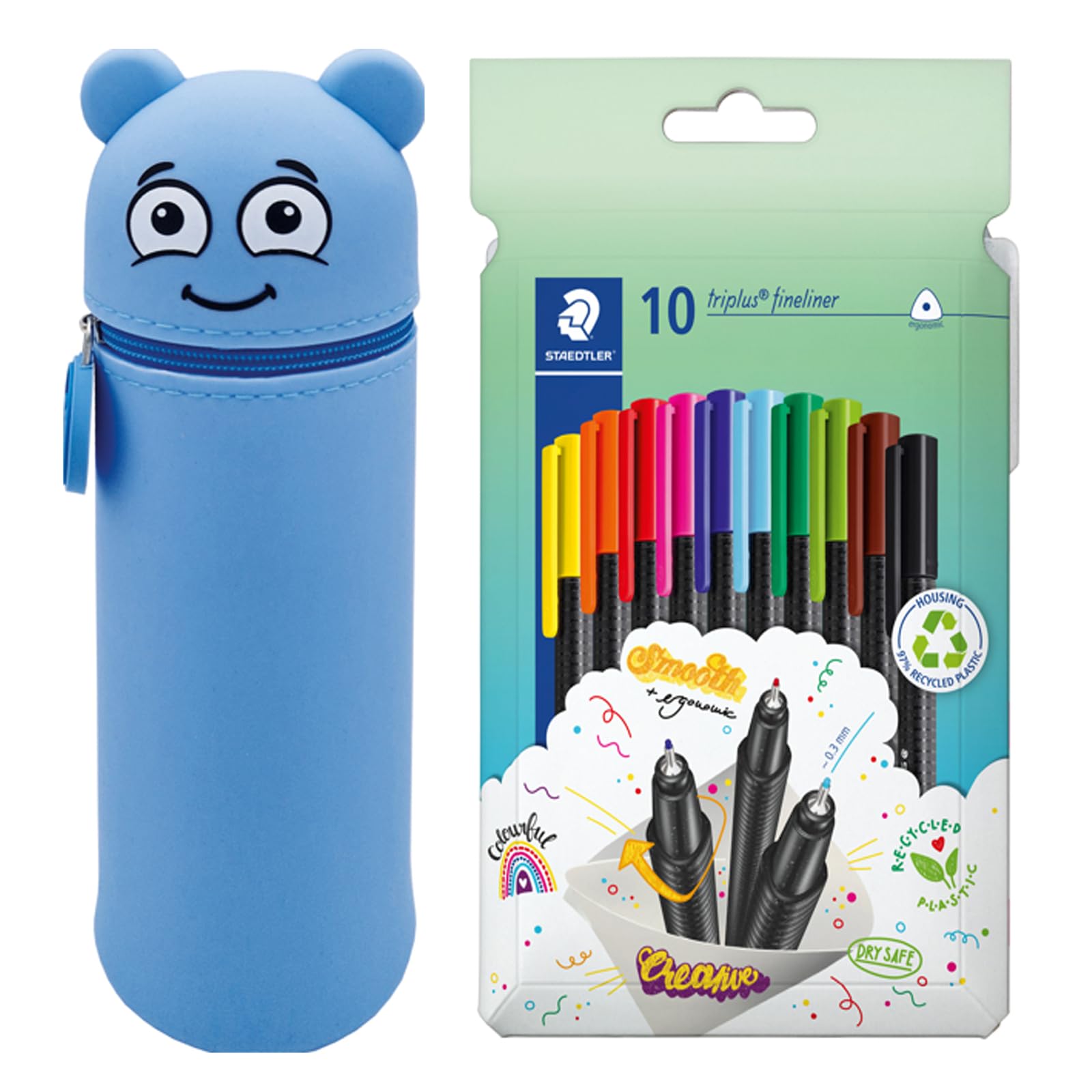 MARKY Federmäppchen im Emoji-Design in Blau, weiches und strapazierfähiges Silikon, inkl. 10 STAEDTLER triplus Fineliner 334, dreikant, superfeine Spitze, ca. 0.3 mm, aus 97% Rezyklat