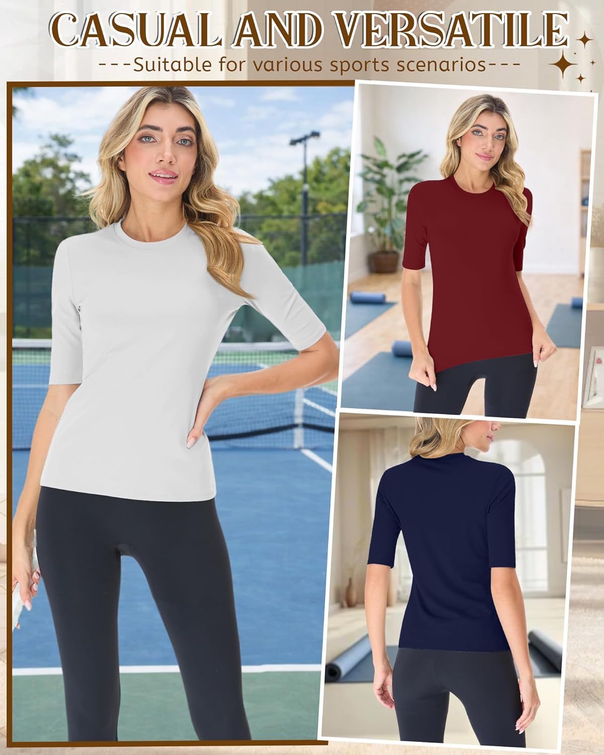 August Alley 4 Pack Women's Compression Shirts Half Sleeve Workout Tops Fitted Elbow Length T-Shirts Athletic 1/2 Sleeve Tops