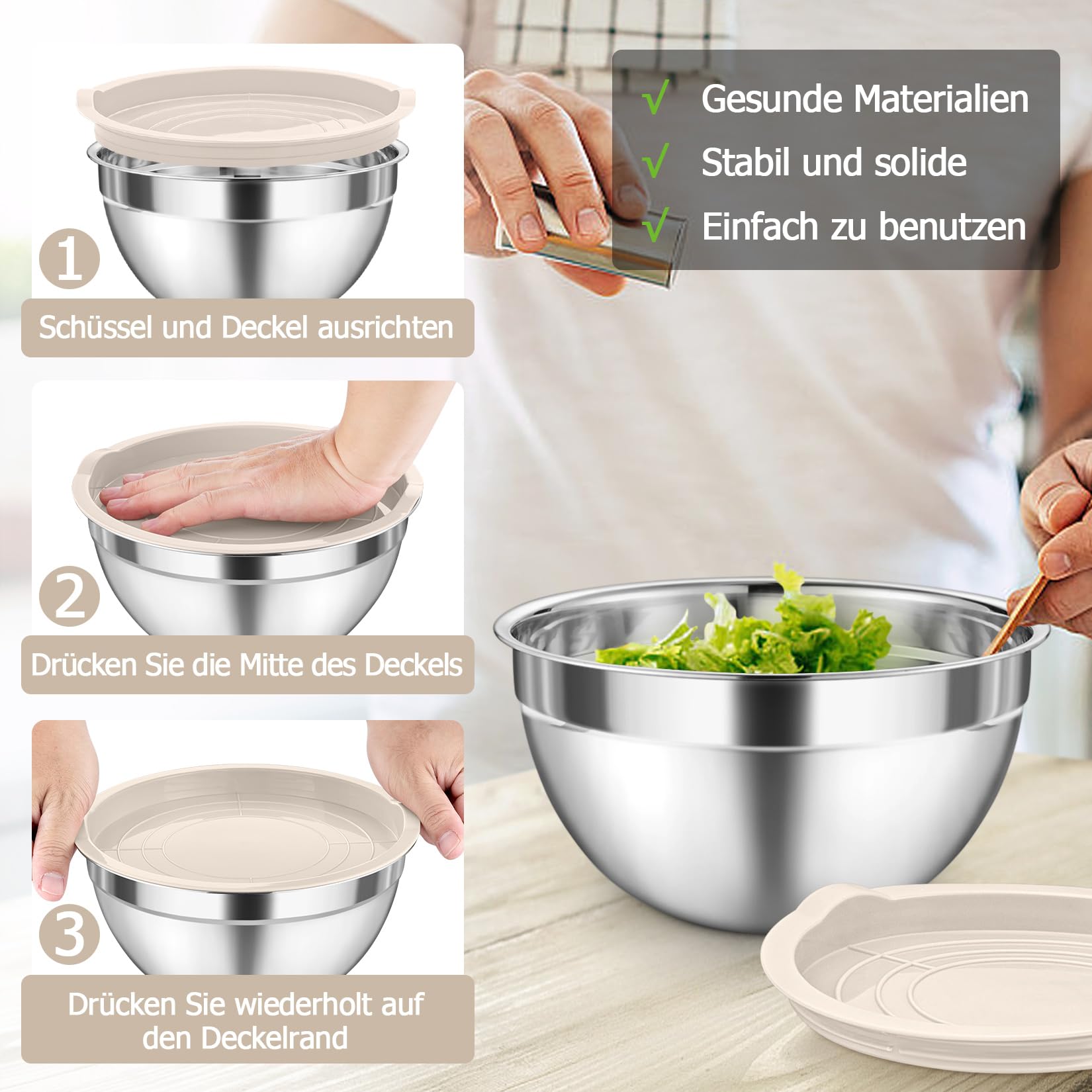 Onader Mengkom, 5-delige roestvrijstalen slakomset met luchtdichte deksel, perfect voor bakken/koken/bereiding, stapelbaar & vaatwasserbestendig, 4,6/2 ,8/1,6/1,2/0,7L - Zwart