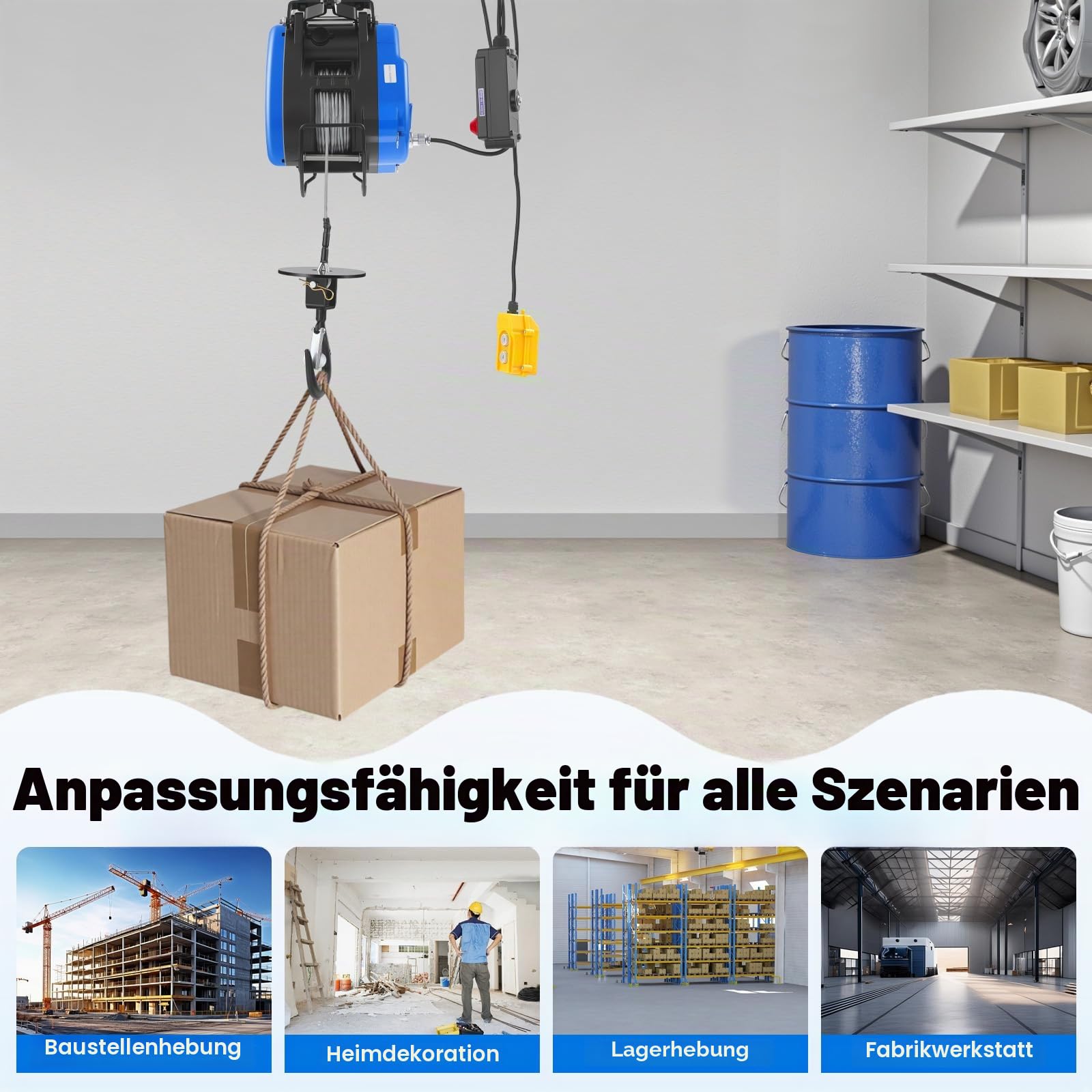 Seilwinde Elektrisch 250KG, 1500W 230V Seilzug Elektrisch | mit Kabellose Fernbedienung, Hebehöhe 29m, Hubgeschwindigkeit 19m/min, IP40 Hebezug für die Landwirtschaft, Fabriken, Docks