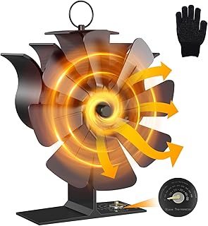 YUNYODA Heat Powered Stove Fans Log Burners, 8 Blades Wood Burning Stove Fireplace Fan with Built-in Thermometer, Silent Operation, Increased Heat Distribution for Wood/Log Burners/Fireplace Fan