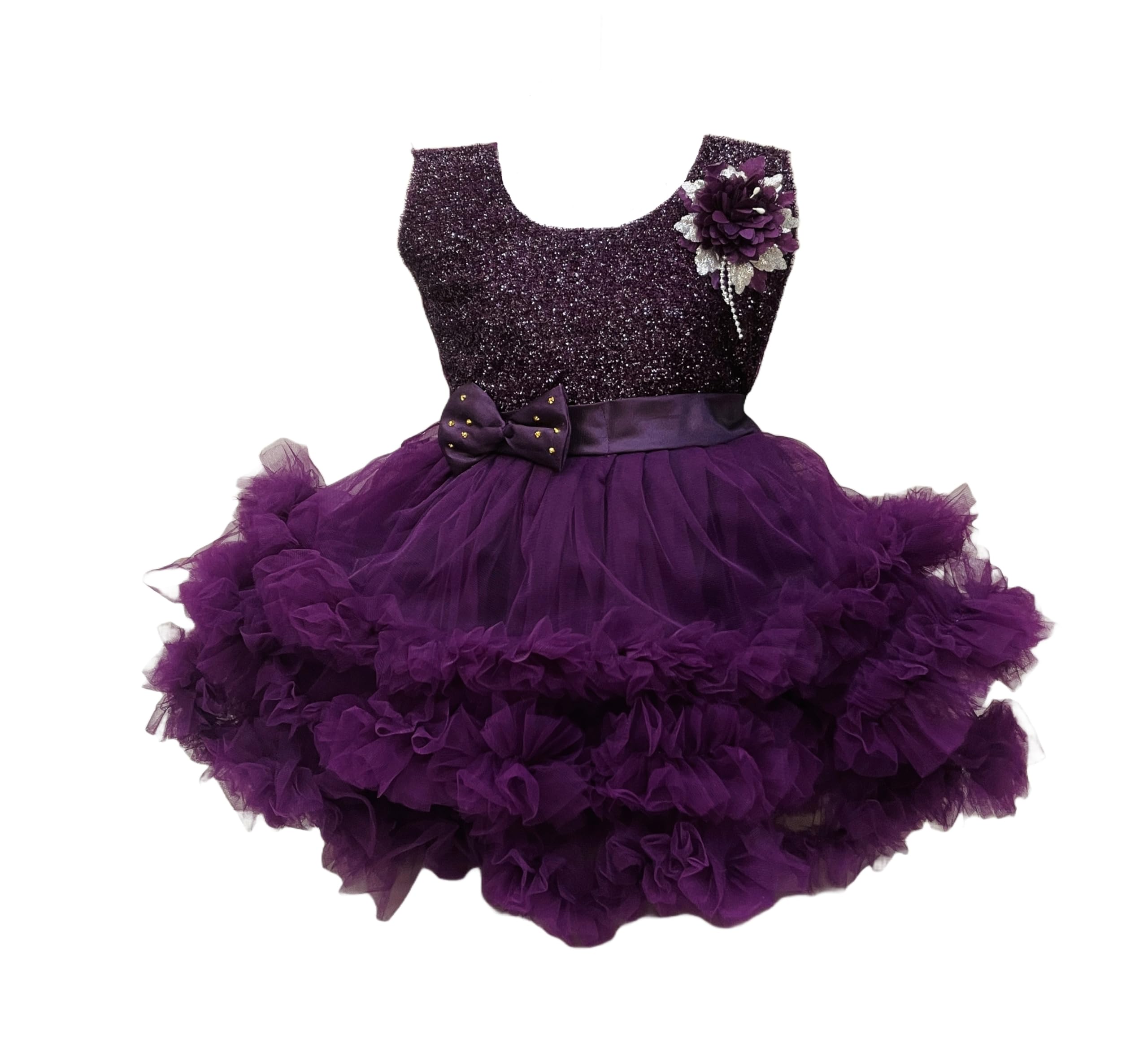 Girls Party Dress with Glitter Bodice, Tulle Ruffle Skirt, Maroon Red, Floral Corsage-image-18