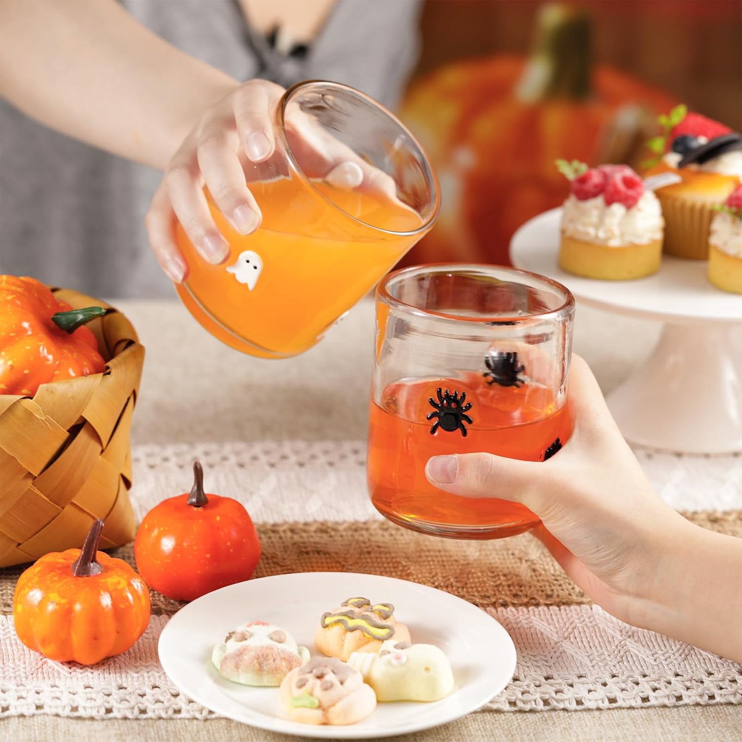 Skylety 4 Pcs Halloween Icon Glass Cups Set - 14oz Pumpkin Spider Bat Ghost Stemless Wine Glasses Double Old Fashioned Icon Hand Blown Drinking Cups for Halloween Party Supplies & Gift