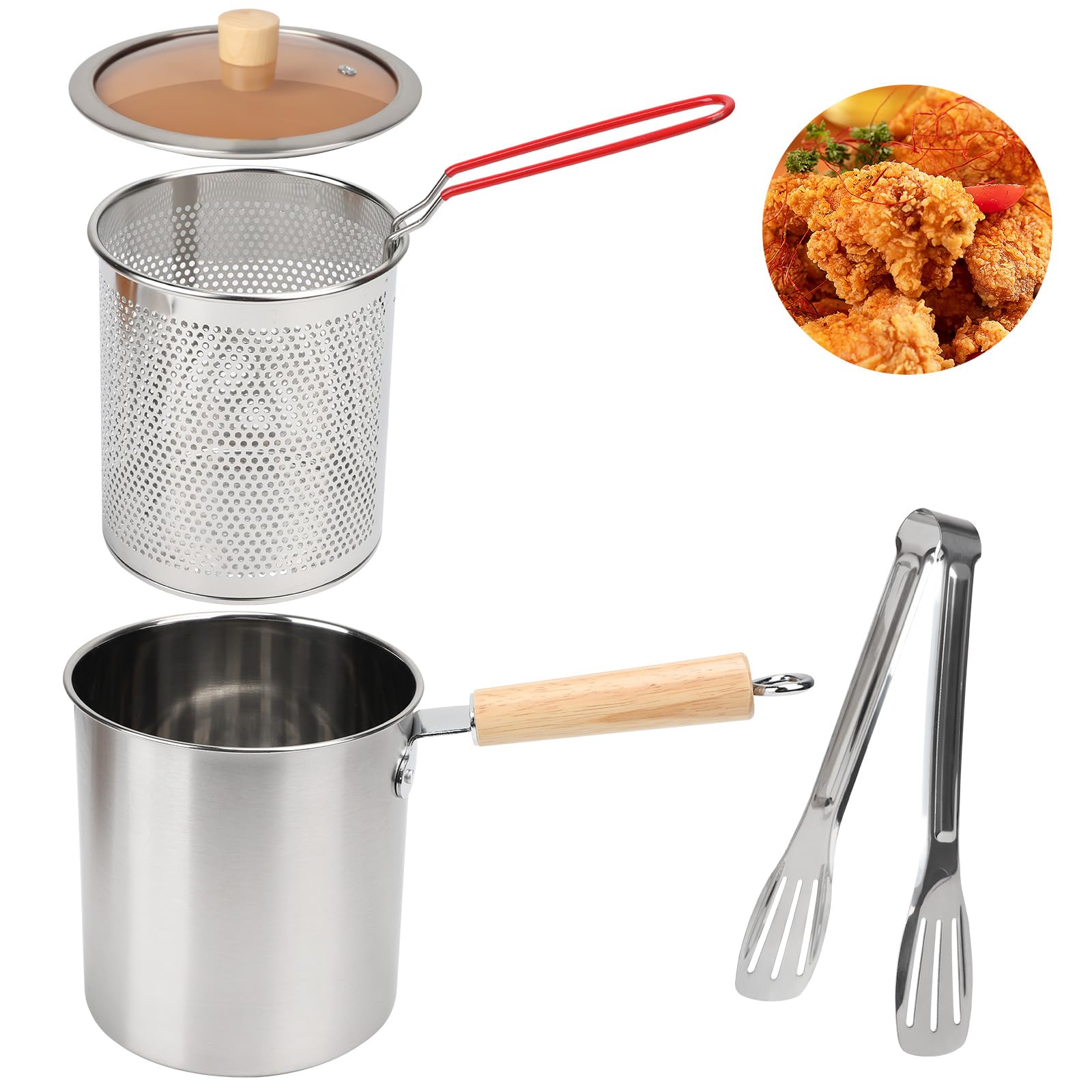 Les-Theresa Olla de acero de 3000 ml, olla de freír profunda con cesta y tapa, olla de filtro de aceite de cocina, olla colador de aceite de cocina con clip para estufa, freidora profunda para