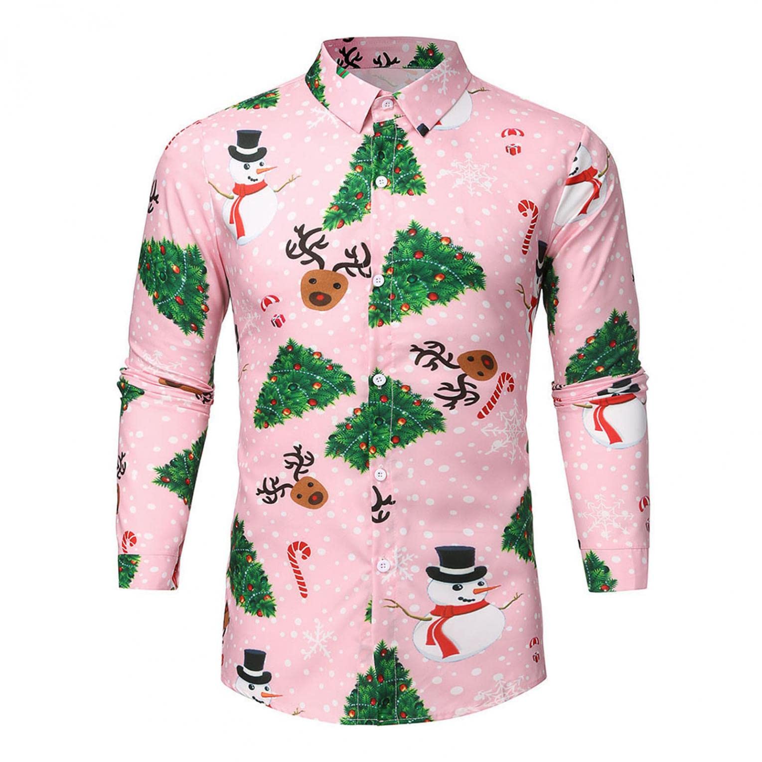 POIUDE Ugly Christmas Dress Shirt for Mens Casual Long Sleeve Santa Claus Party Button Down Hawaiian Vacation Shirt Pink