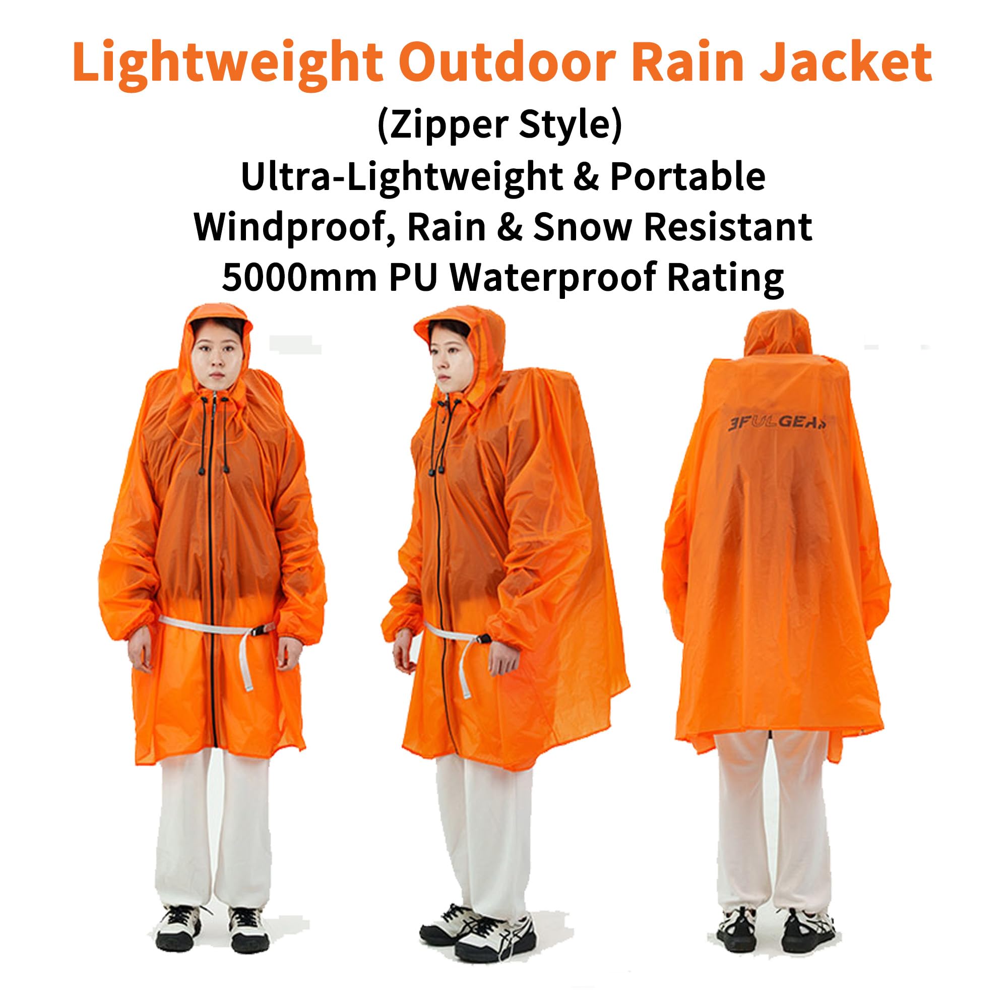 windhike 3F UL GEAR Leichte Regenjacke mit Reißverschluss, PU5000mm Wasserdicht,15D Nylon/210T Polyester,Regenponcho Herren&Damen 140-190cm für Bergsteigen Camping Wandern