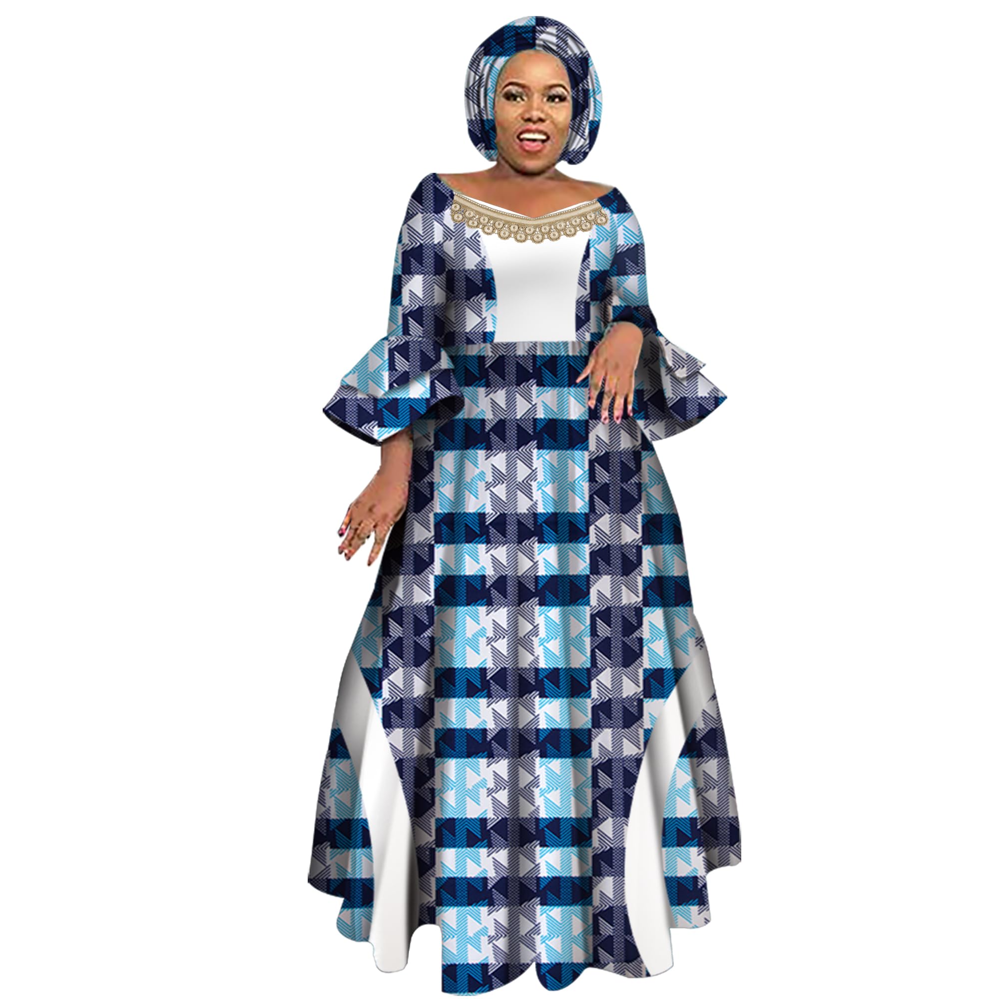 iooiooi Womens African Print Party Maxi Dress Ankara Long Dress &amp; Headwrap