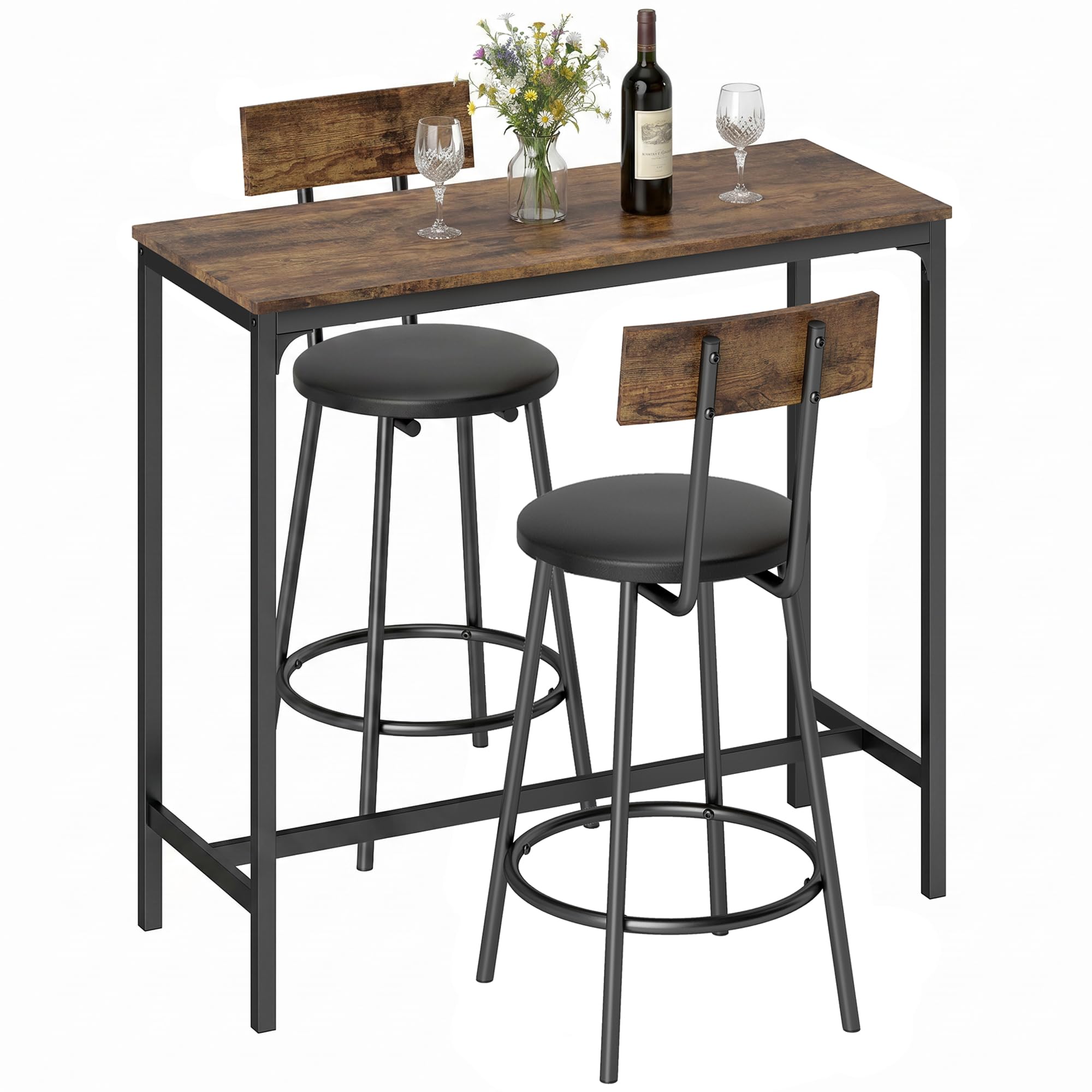 HOMCOM Ensemble Table de Bar avec 2 Tabourets Repose-Pieds PU Marron